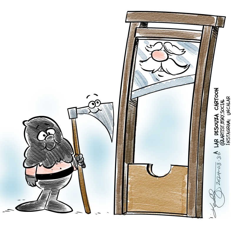 cartoon of a little executioner and his headsmen's axe looking admiringly at a full guillotine. Schoolhouse Rock style homage.