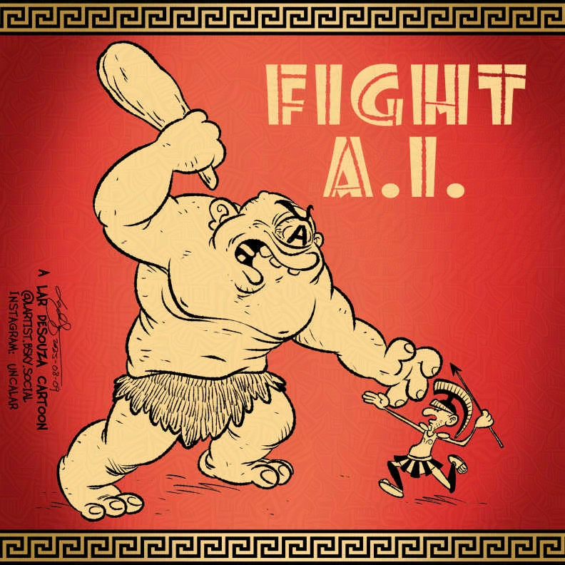 cartoon of a spartan fighting a cyclops who has a big letter 'A' for an eye.
FIGHT A.I.