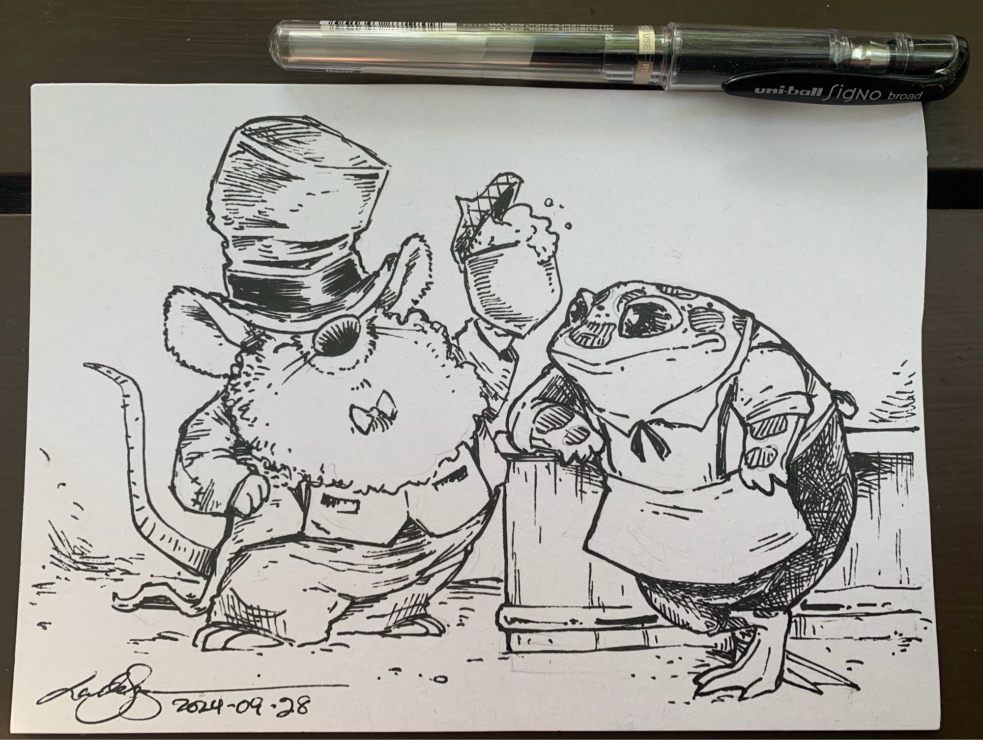 Mouse gnome guy having a drink from an acorn stein with his local froggy bartender.