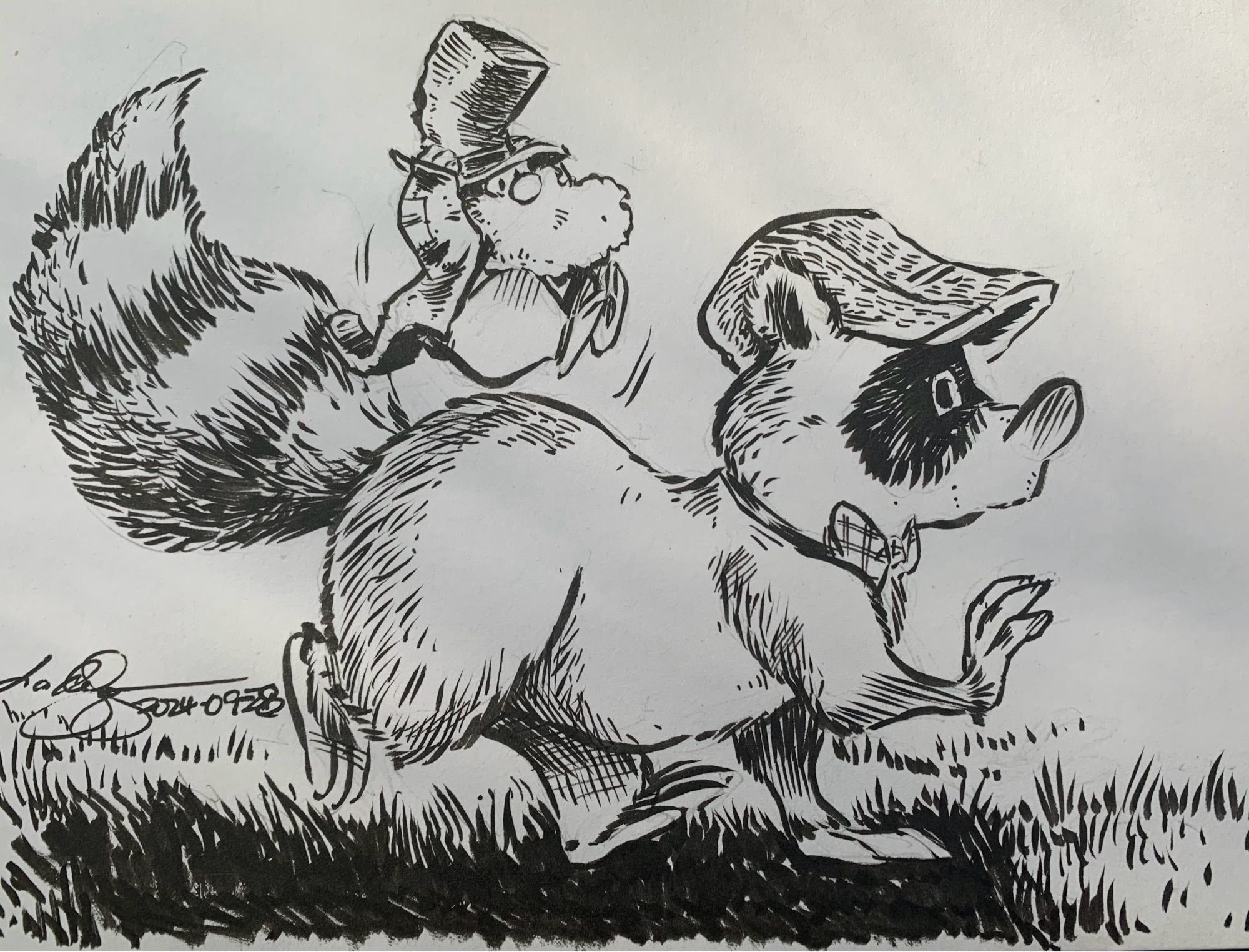 Cartoon ink drawing of a little mouse gnome hobo riding on the back of a raccoon who is wearing a flat cap and bow tie.