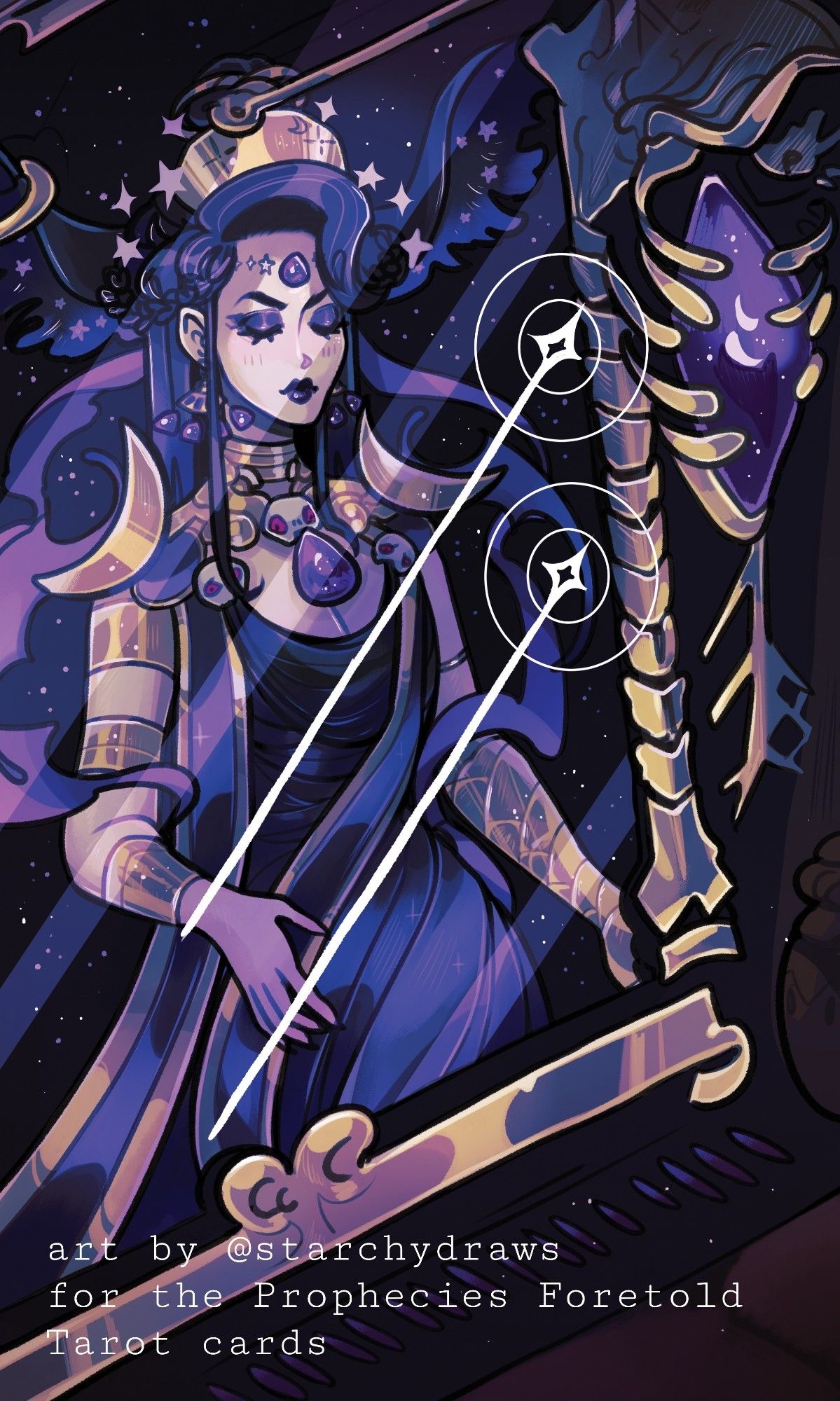 The two of wands tarot card, featuring Nyx from the game Hades.