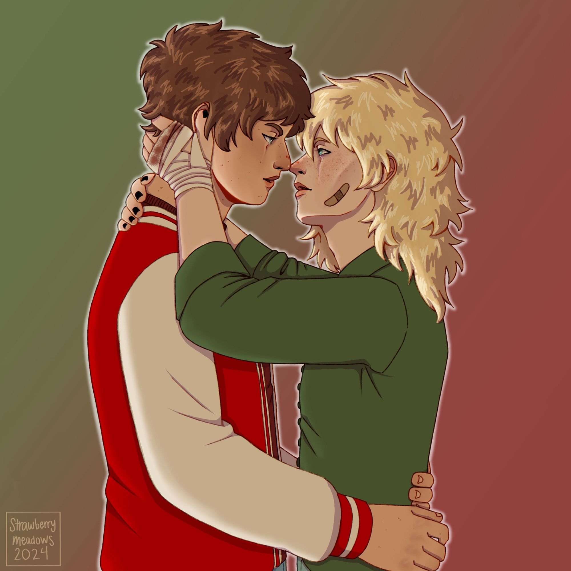 A drawing of aged-up Tweek Tweak and Clyde Donovan from the show South Park. The two boys are embracing and about to kiss, on a green-to-red linear gradient background. Tweek is wearing a green button up and has a bandage wrapped around his visible hand. Clyde is wearing a red and white letterman jacket with a darker red shirt underneath.