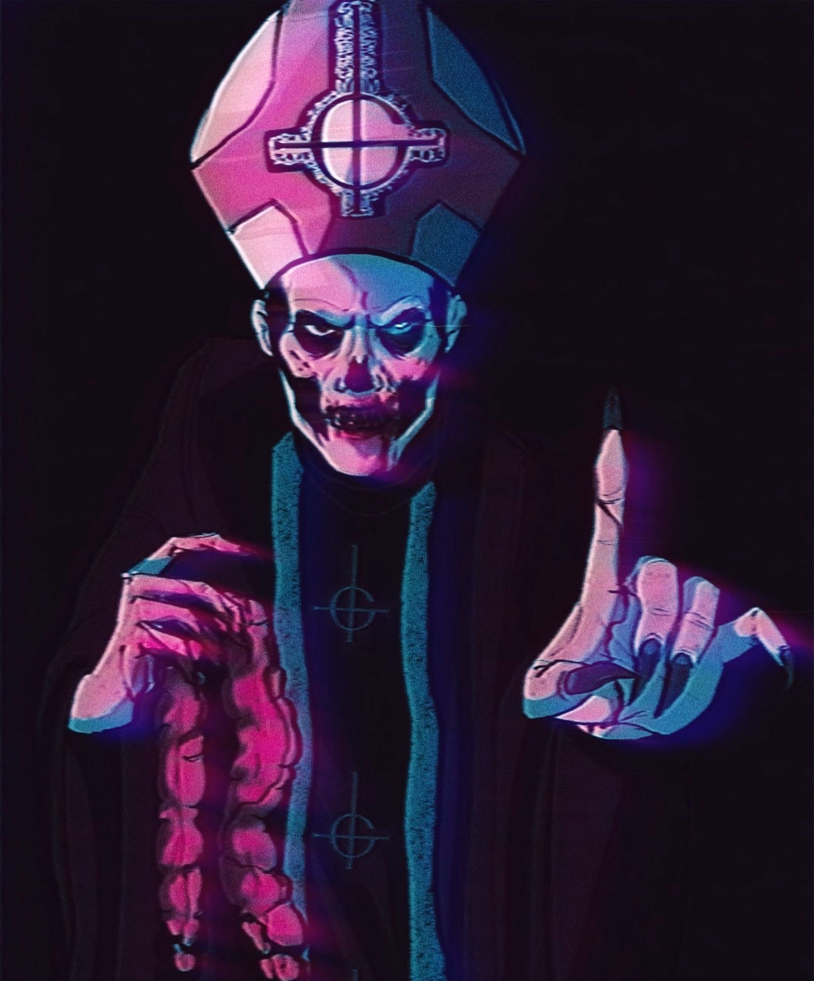 Papa Emeritus II from the band Ghost. One hand is reaching out to the viewer while the other holds a bloody intestine