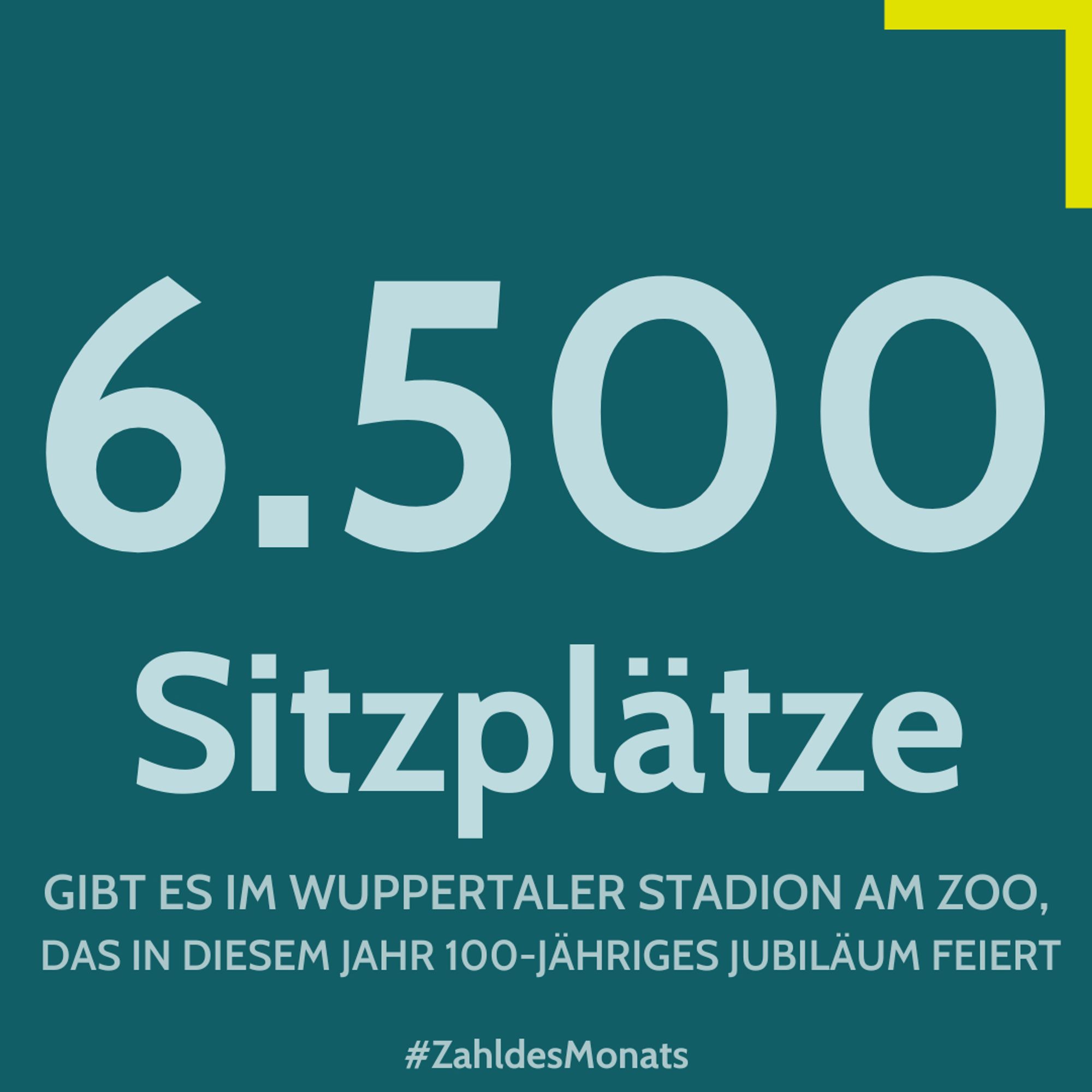 Grafik zur Zahl des Monats. Zu lesen ist: "6.500 Sitzplätze gibt es im Wuppertaler Stadion am Zoo, das in diesem Jahr 100-jähriges Jubiläum feiert. #ZahldesMonats". Grafik: Stadt Wuppertal