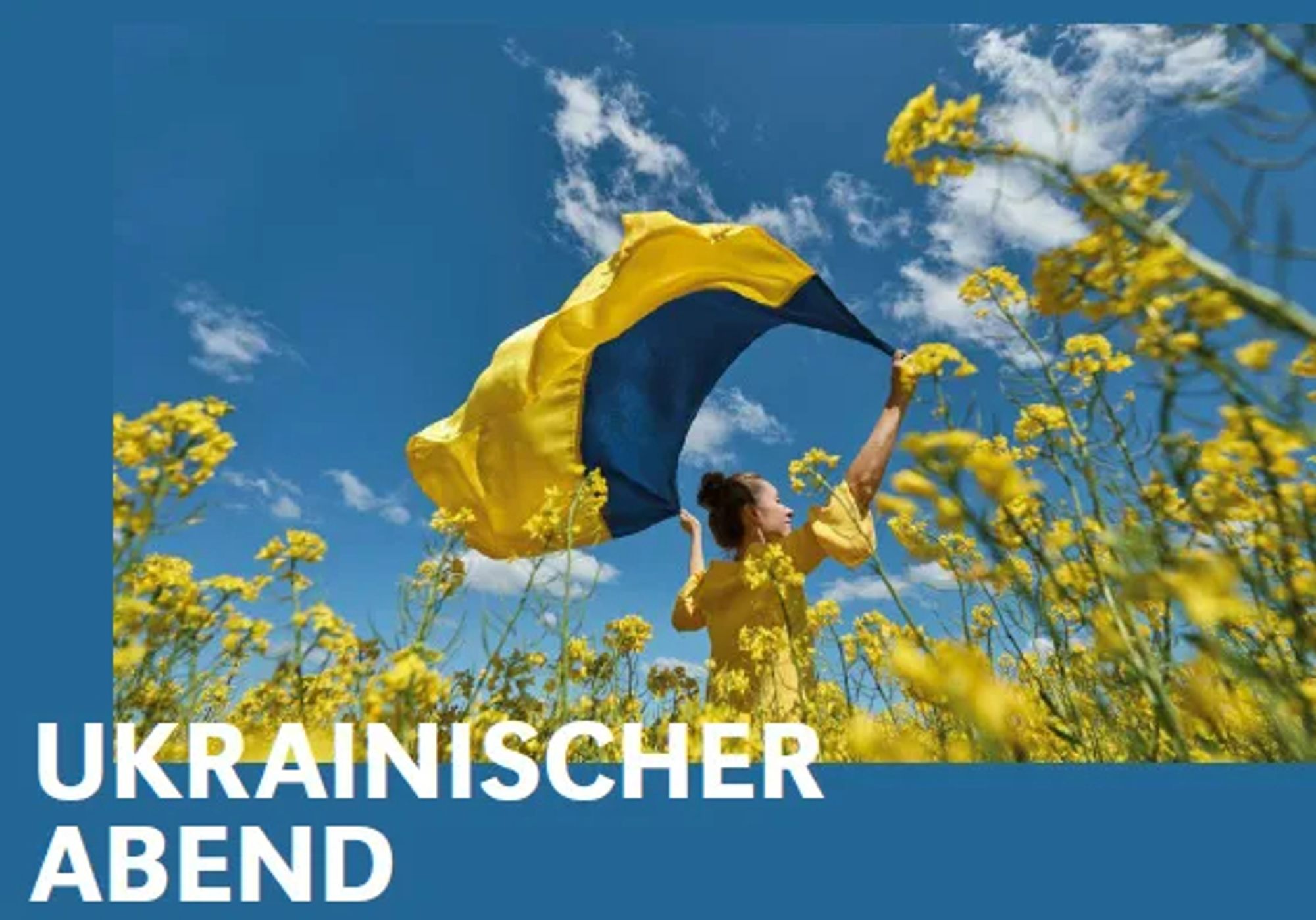 Symbolbild: Ein Mädchen läuft mit einer Ukraine-Flagge durch ein Feld mit gelben Blumen. Quelle: Stadt Wuppertal