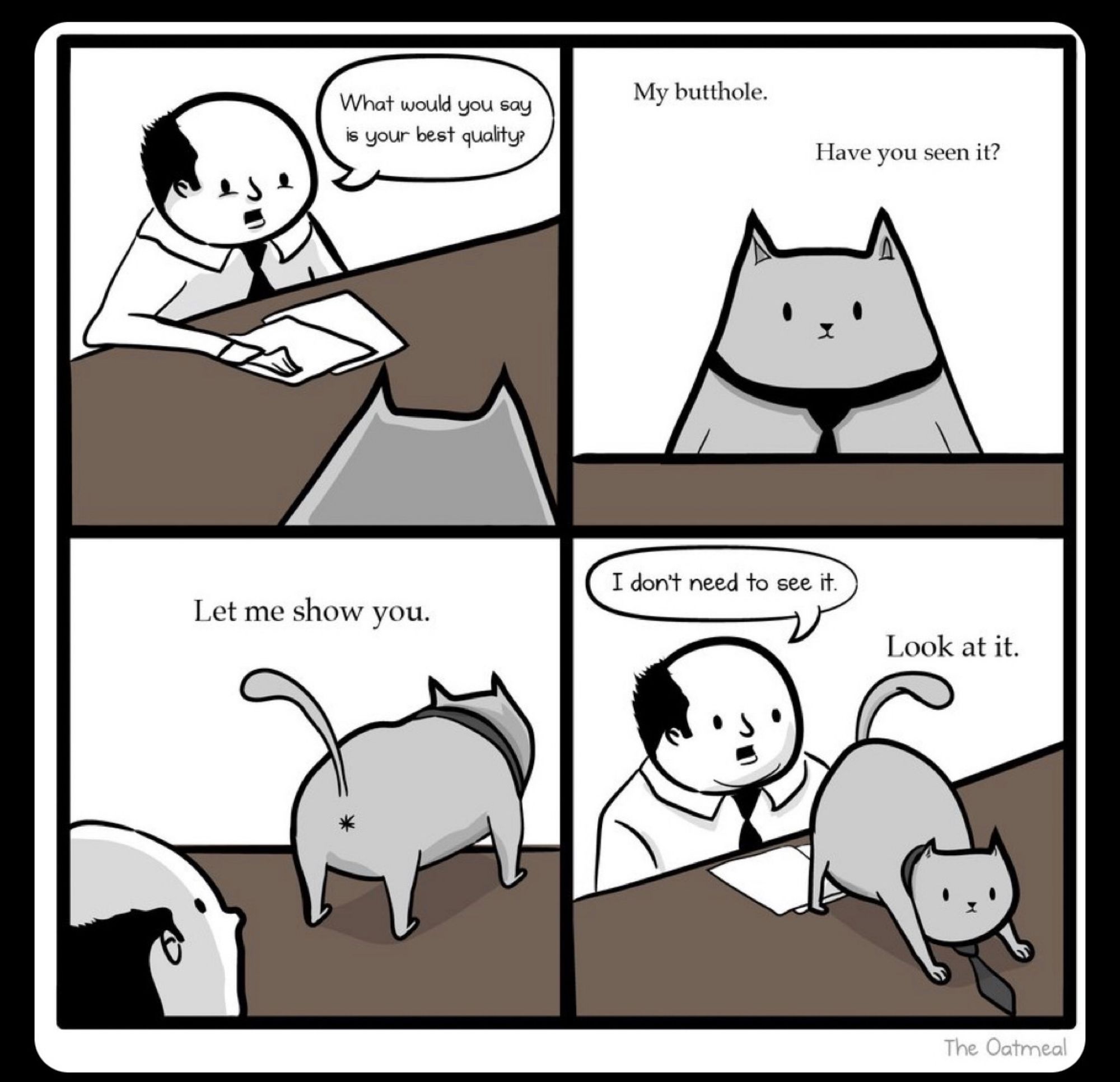 4 panel black and white comic in 2 by 2 format from TheOatmeal. The comic features a job interview, with a bald white interviewer, and with a literal cat being interviewed. Both the interviewer and cat are wearing neck ties. 

Panel 1:
Interviewer and cat are facing each other, sat at a desk, view is from behind the cat toward the interviewer.

Interviewer: "What what you say is your best quality?"

Panel 2:
View is of the face of the cat, who is sat behind a desk

Cat: "My butthole.", "Have you seen it?"

Panel 3:
Cat is stood on the desk, tail up, showing the interviewer its butt. View is from side of interviewer toward the cats butt.

Cat: "Let me show you."

Panel 4:
Cat is still showing the interviewer its butt, and the view is now of the interviewer's face

Interviewer: "I don't need to see it."
Cat: "Look at it"