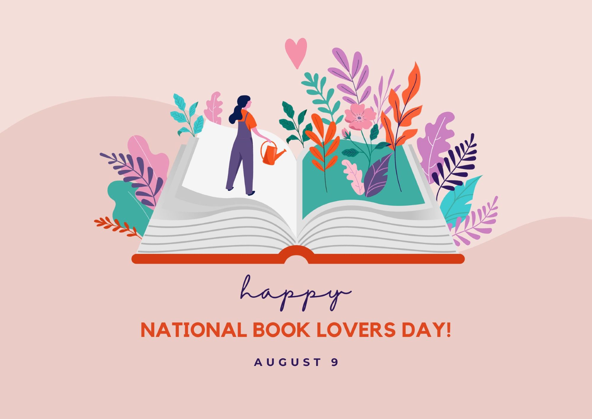 A woman watering a book and various plants emerge. Says Happy National Book Lovers Day.