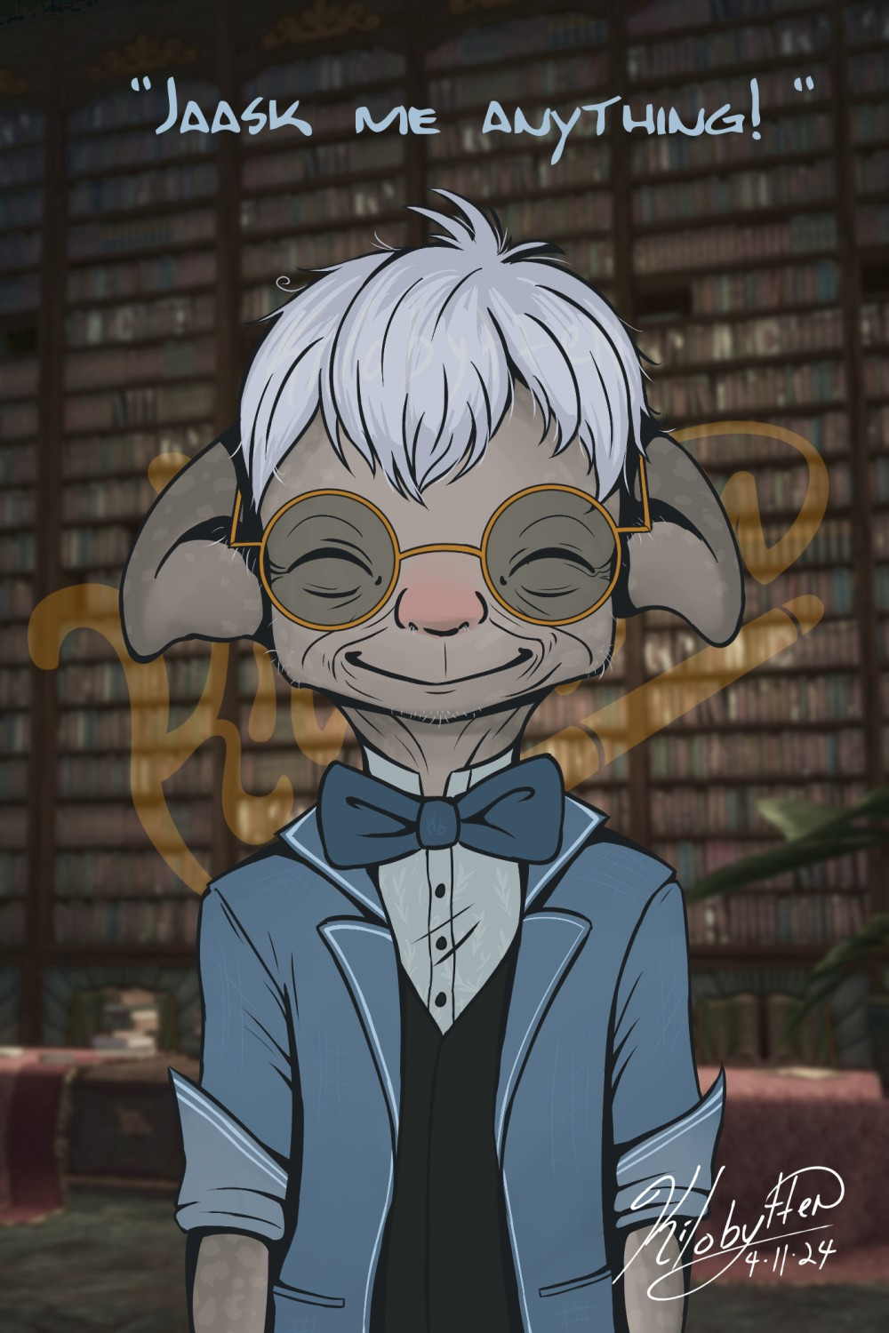 Short and old humanoid wearing a blue jacket, blue bow tie, and black vest. Has white hair and gold-trim glasses, smiling at the viewer, with squinting eyes. Has large droopy ears and tan skin with spots all over.