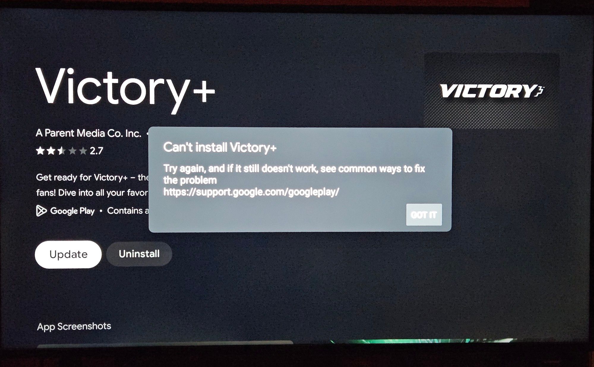 A pop up reading "can't install victory+. Try again, and if it still doesn't work, see common ways to fix the problem" over the Victory+ update screen