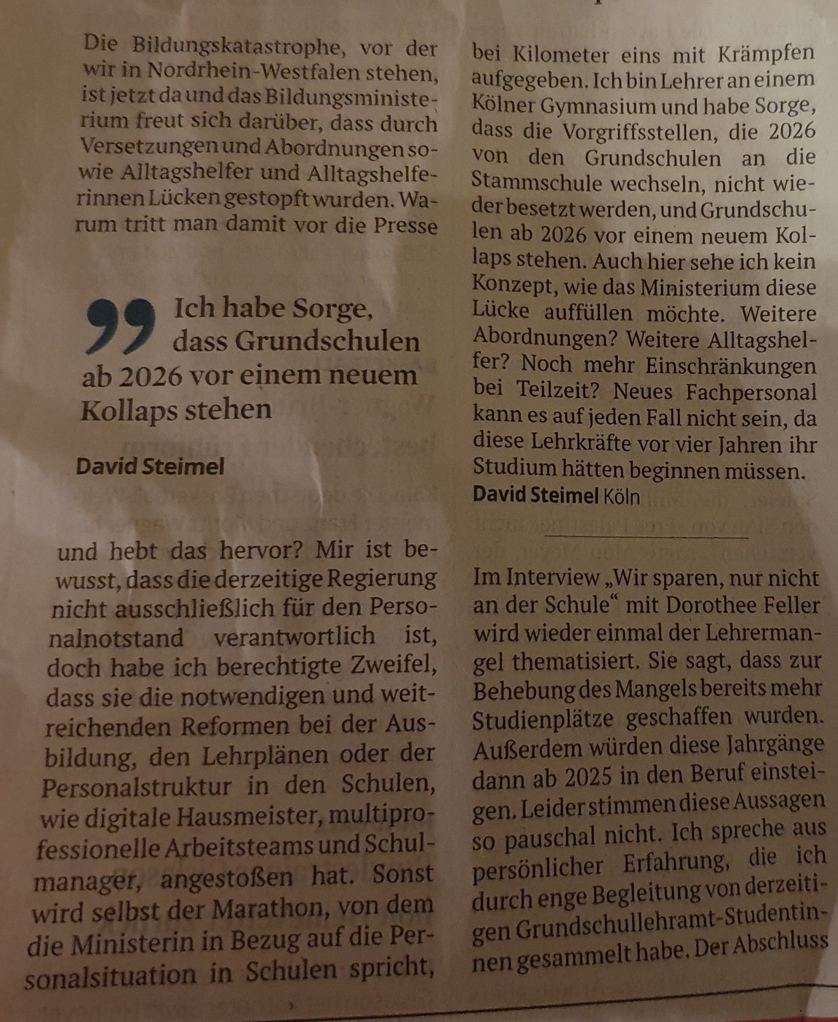 Leserbrief von mir aus dem KSTA