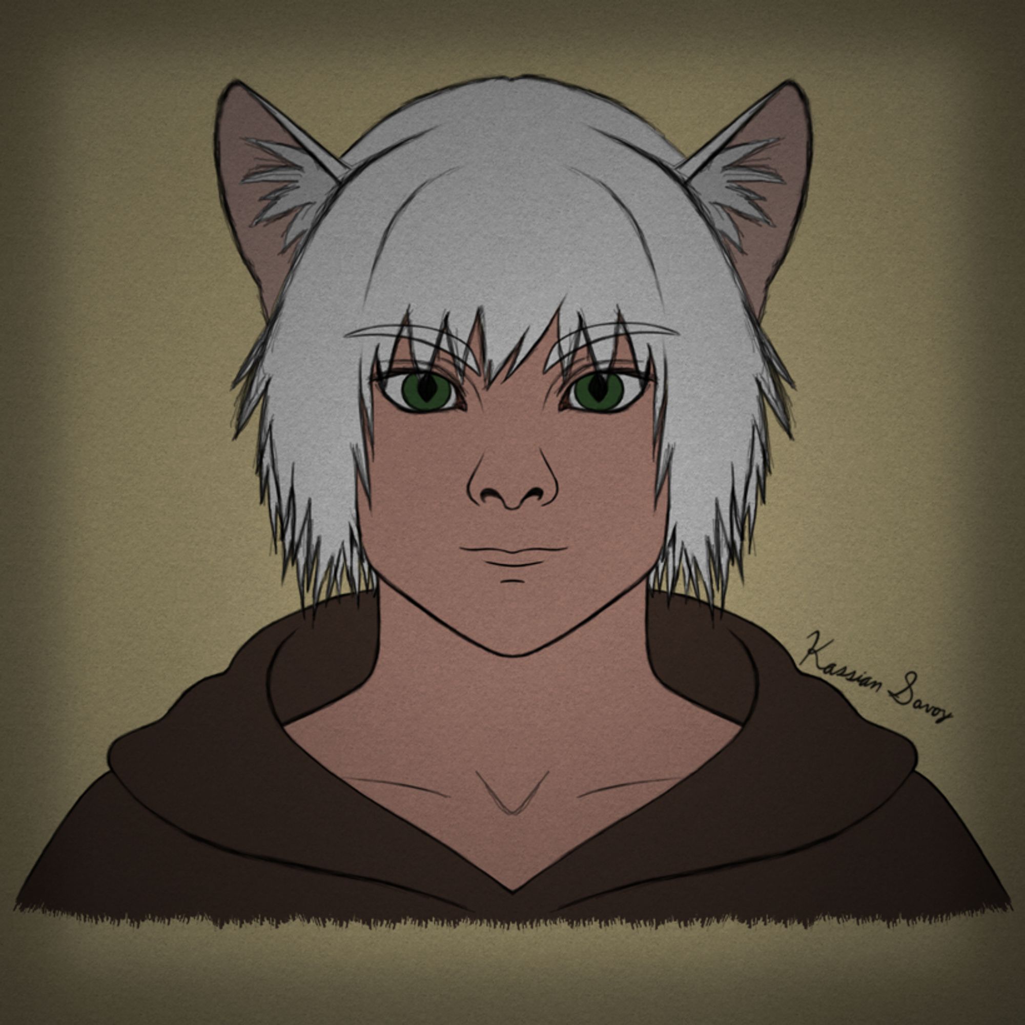 Flat portrait of Avery by Kassian Savoy from Dead Legacy. Avery is a pubescent boy with tan skin; white, straight, center-parted hair to his chin; large feline ears; and green cat eyes. He is dressed in a brown over-sized hoodie. His resting expression is rather happy.