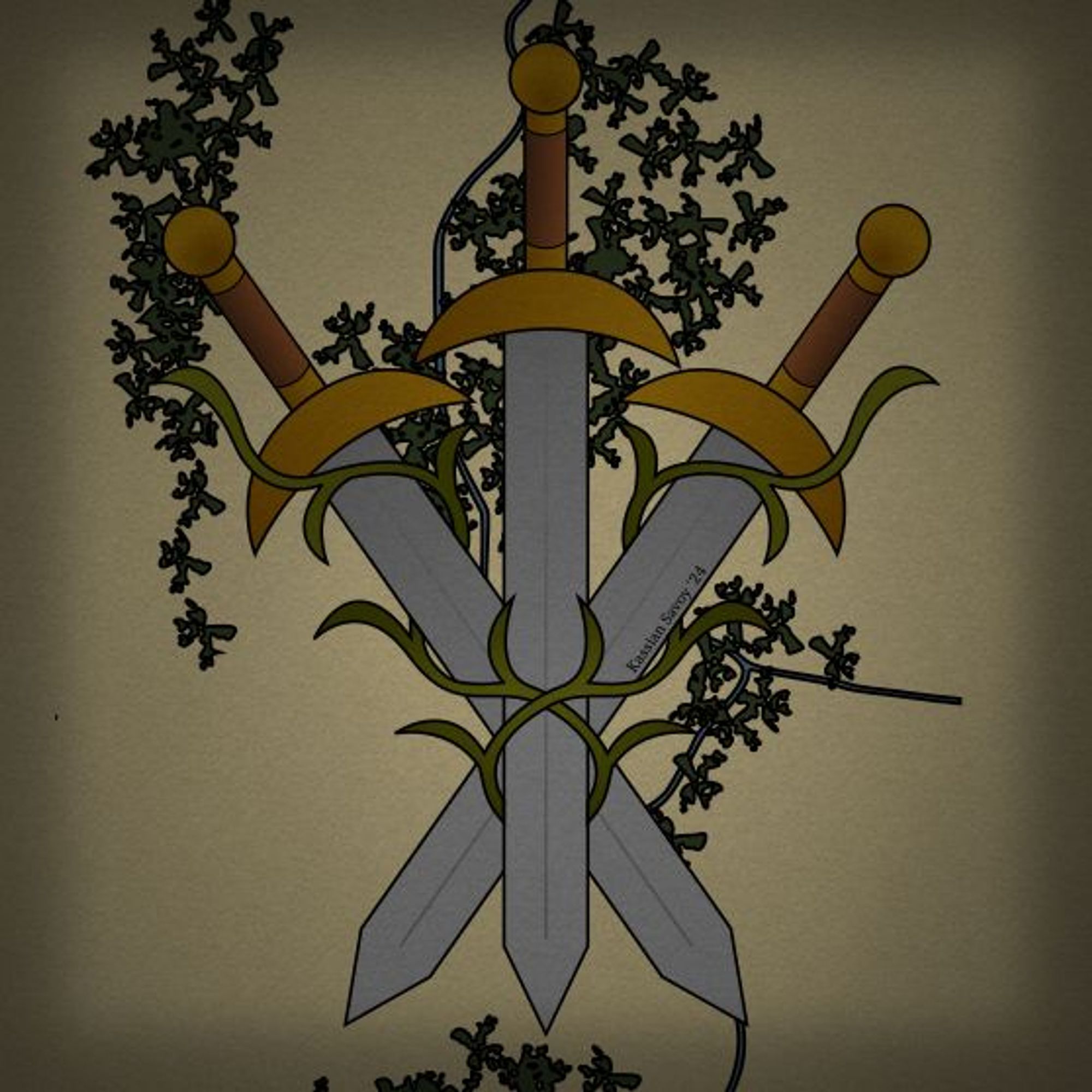 A coat of arms comprised of three crossed golden-hilted straight swords with crescent-shaped guard. The swords are tied together by a single light green vine. They are superimposed on a river and forest system map. The swords cross at the location of its country's founding village.