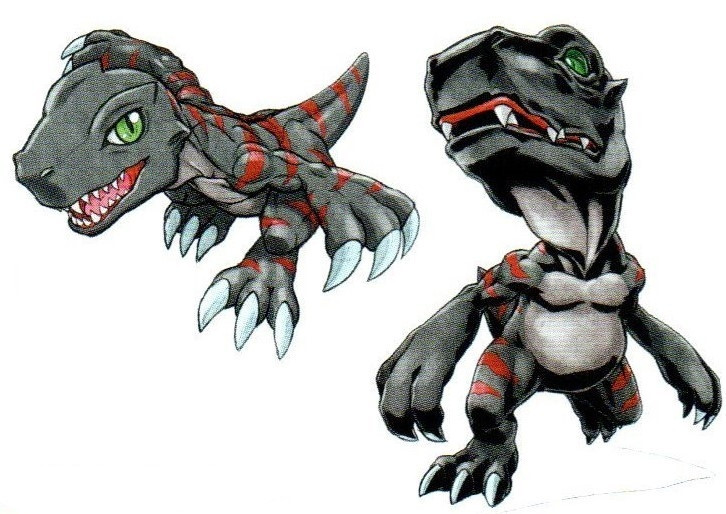 Official Bandai concept art for Black Agumon X whose key differences from normal Black Agumon is red striping across body that's reminiscent of Greymon and more lean angular body shape alongside way more predatory narrowed eyes