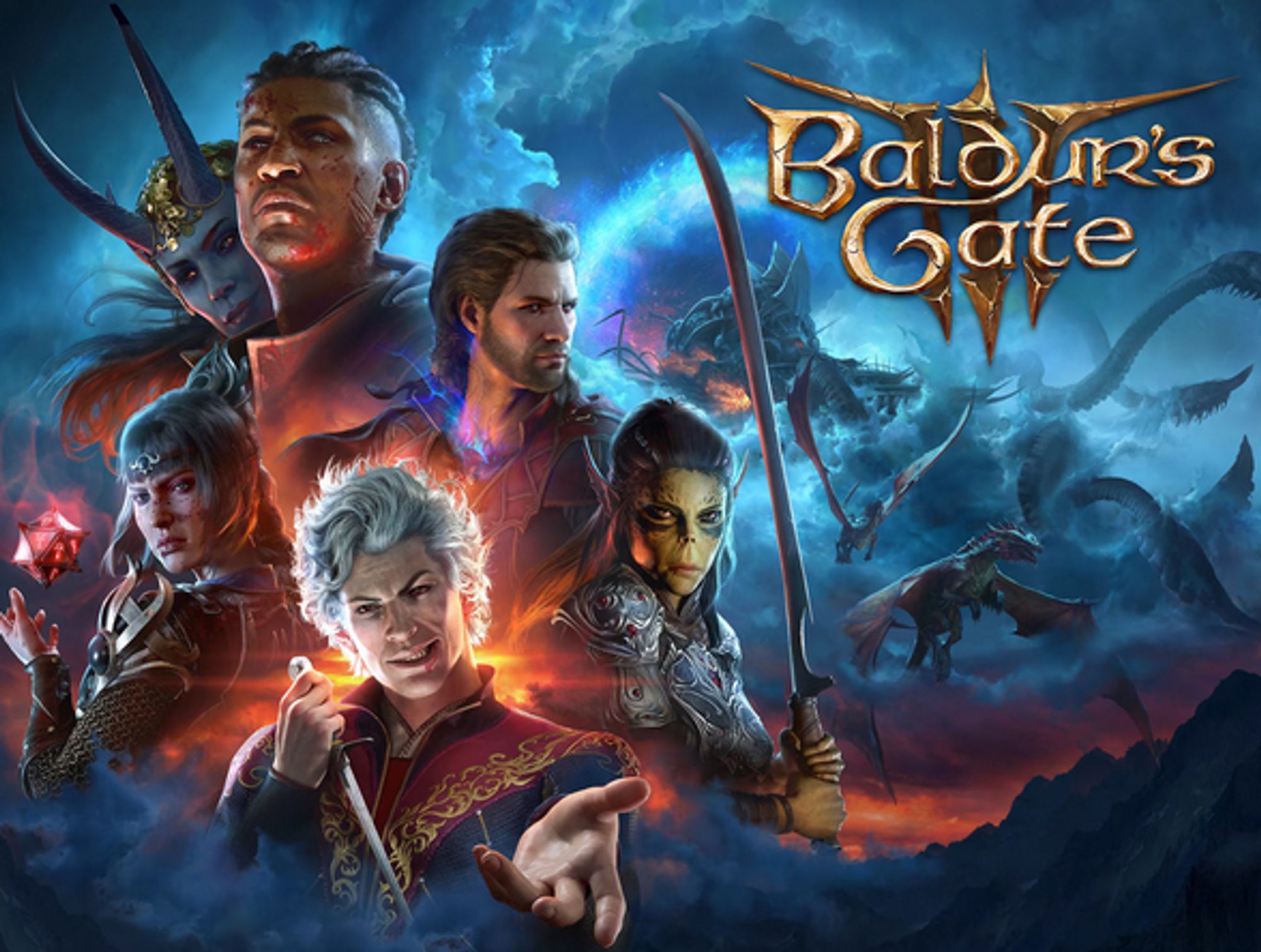 Steam Key art for Baldurs Gate 3 with astarion gale laezel wyll and shadowheart shown prominently with dragons and mindflayers in back