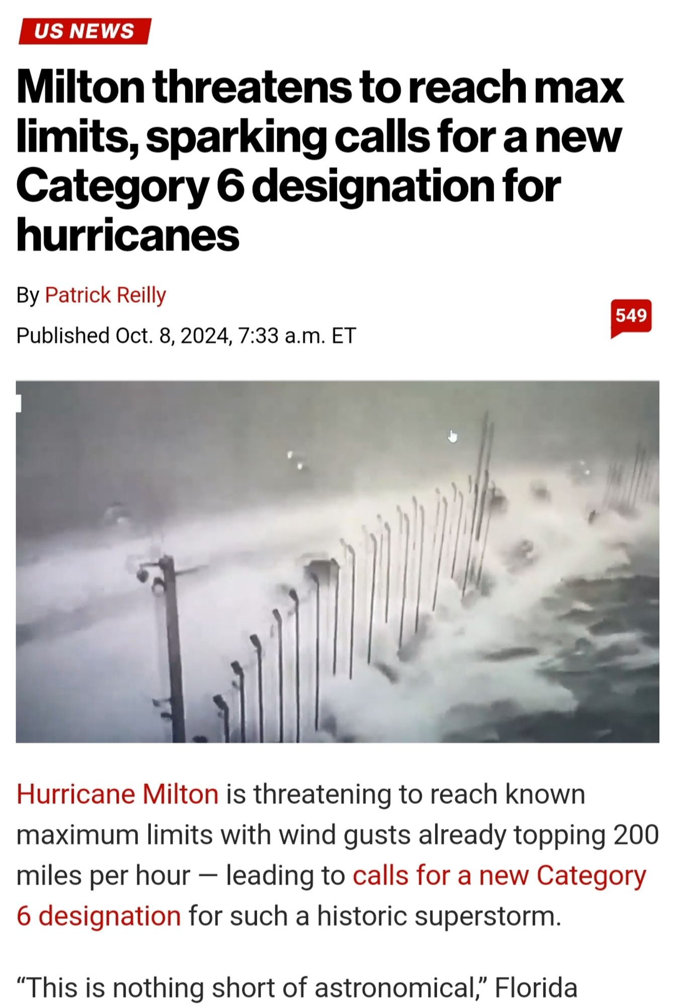 Headline where meteorologists are TERRIFIED and talking of a theoretical future category 6 classification due to the historic strength of Milton atm