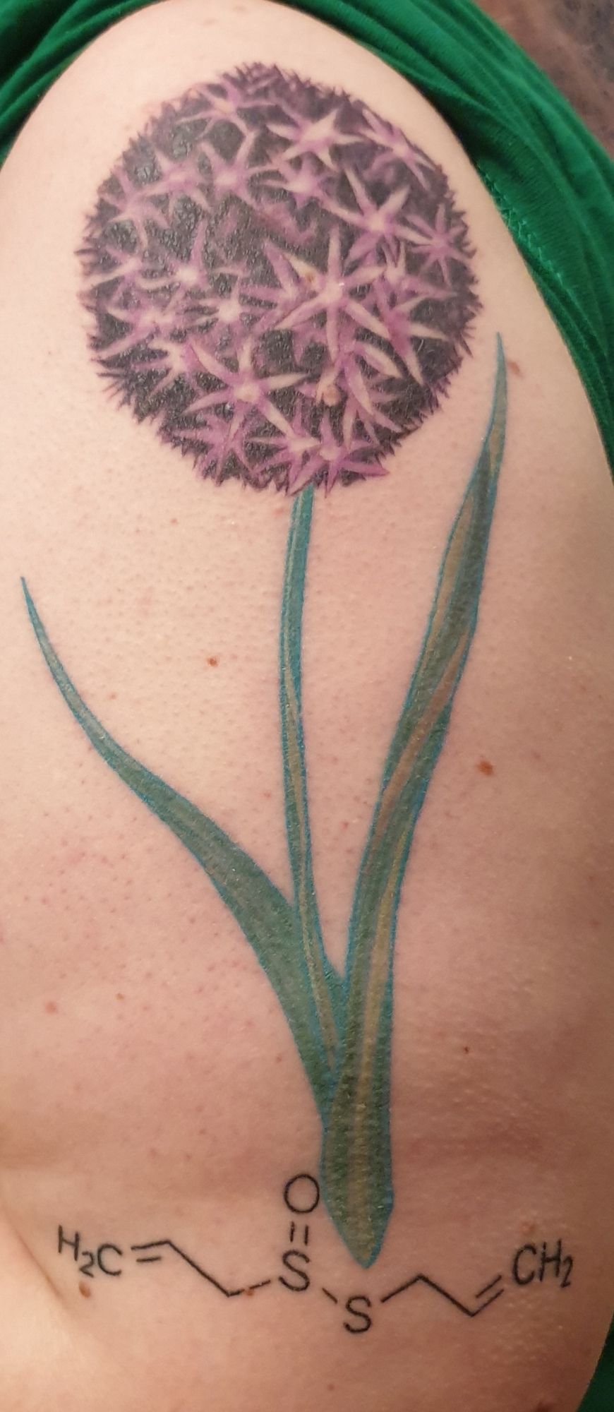 Tattoo over whole upper arm showing the chemical Formulare for allicin and a blooming garlic flower.