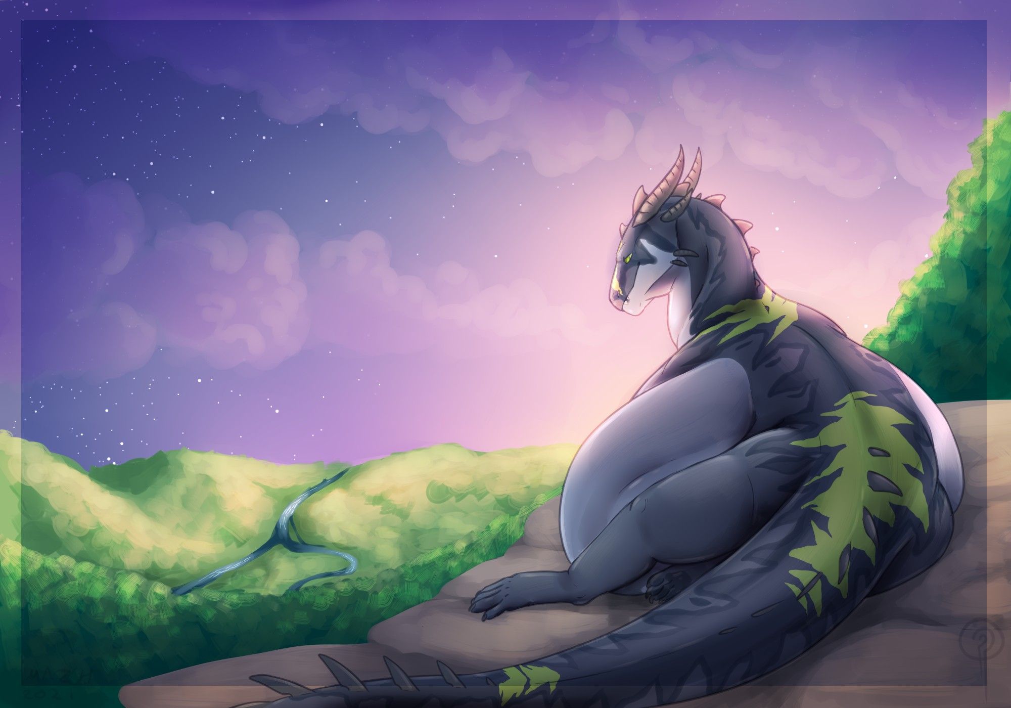 a chubby grey and green dragon lays on his side, looking out over a forested mountain range at dawn