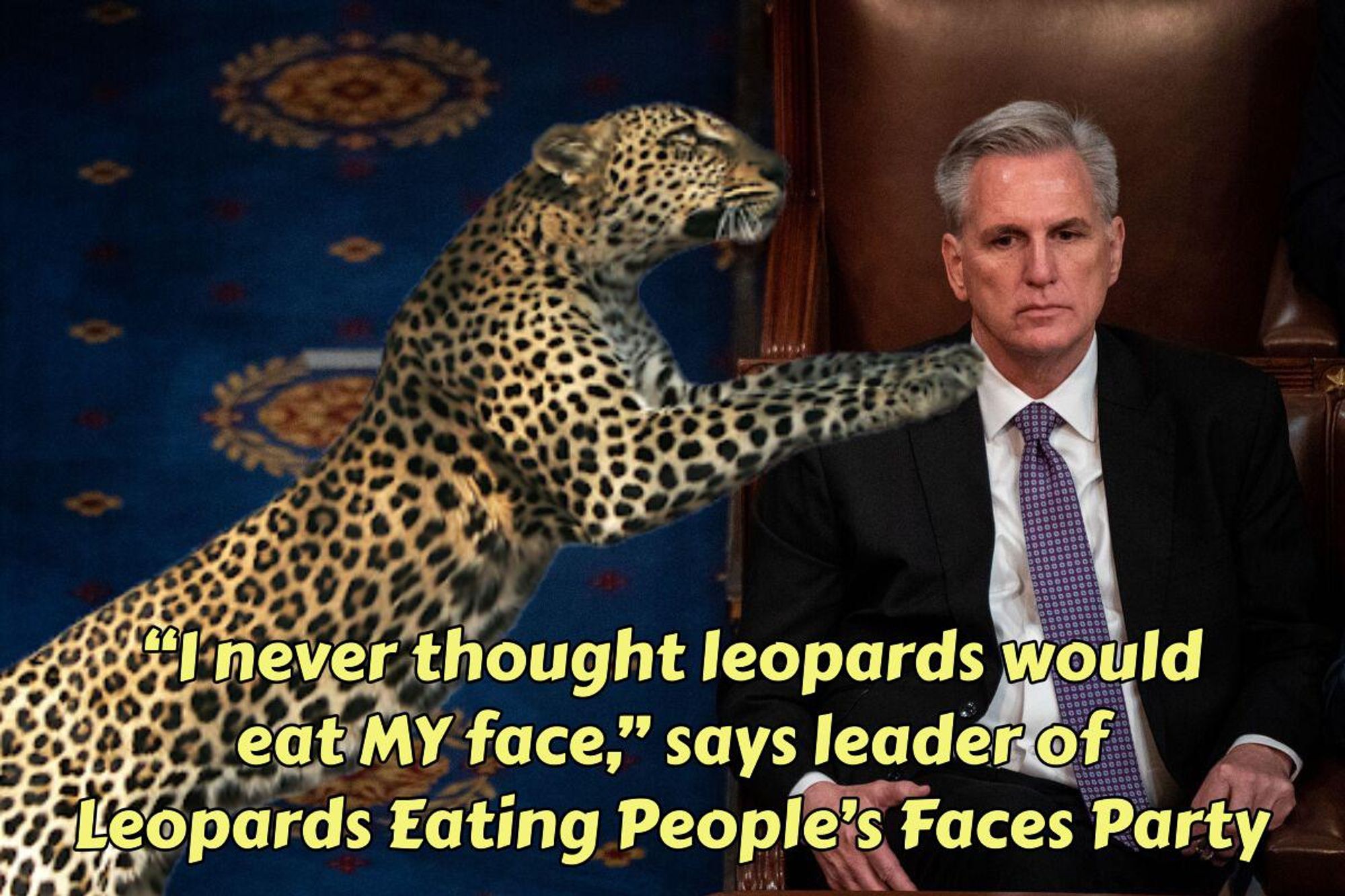 "I never thought leopards would eat MY face," says leader of Leopards Eating People's Faces Party (image of Mike Johnson being attacked by a leopard.