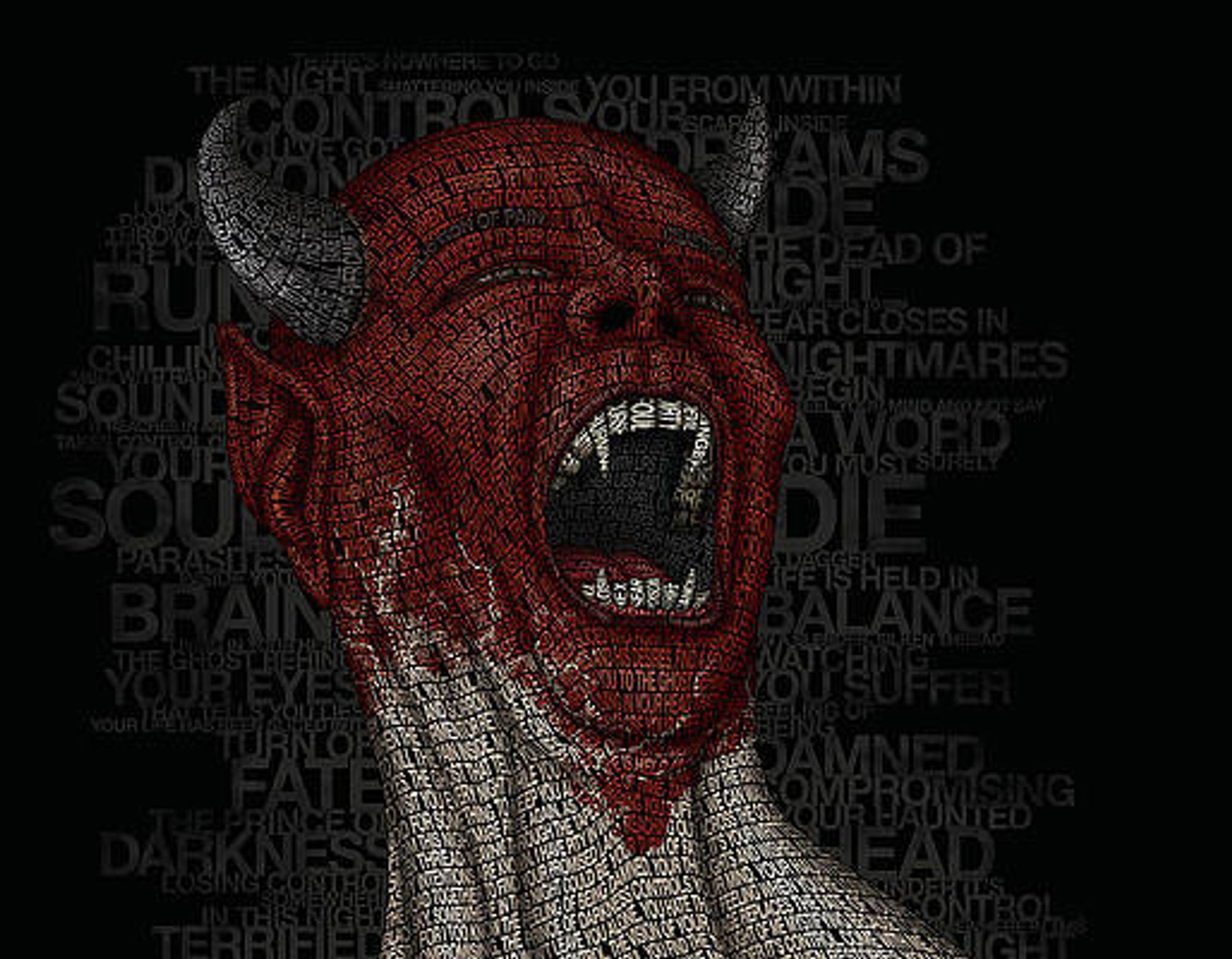 A painting of a horned, red, diabolical figure, eyes closed, he seems to scream in pain