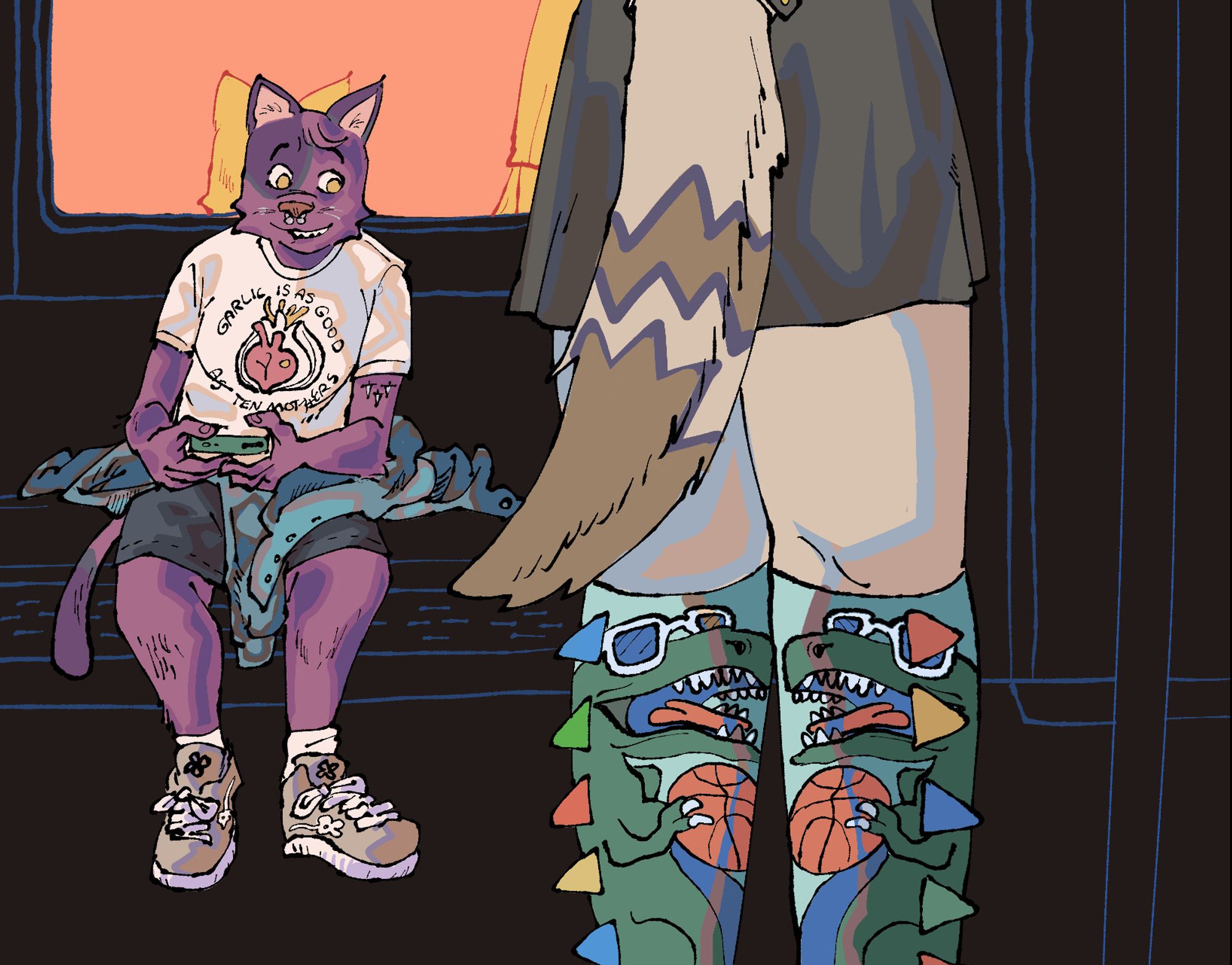 a purple cat grins after they notice the lynx riding the subway with them, who's wearing thigh-high socks with dinosaurs playing basketball on them.