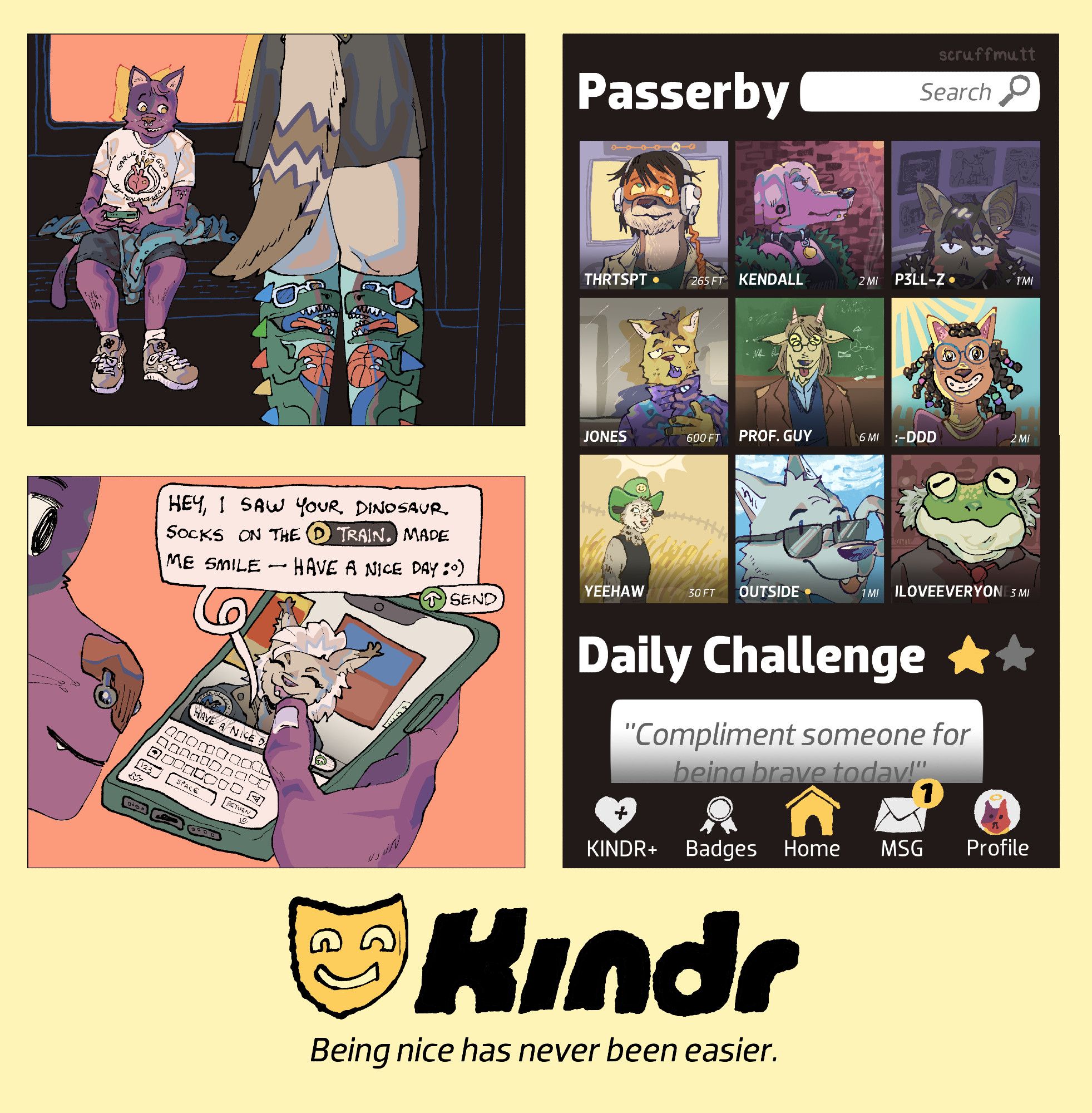 All three images along with a smiling yellow mask logo and the name Kindr, with the tagline, "Being nice has never been easier".