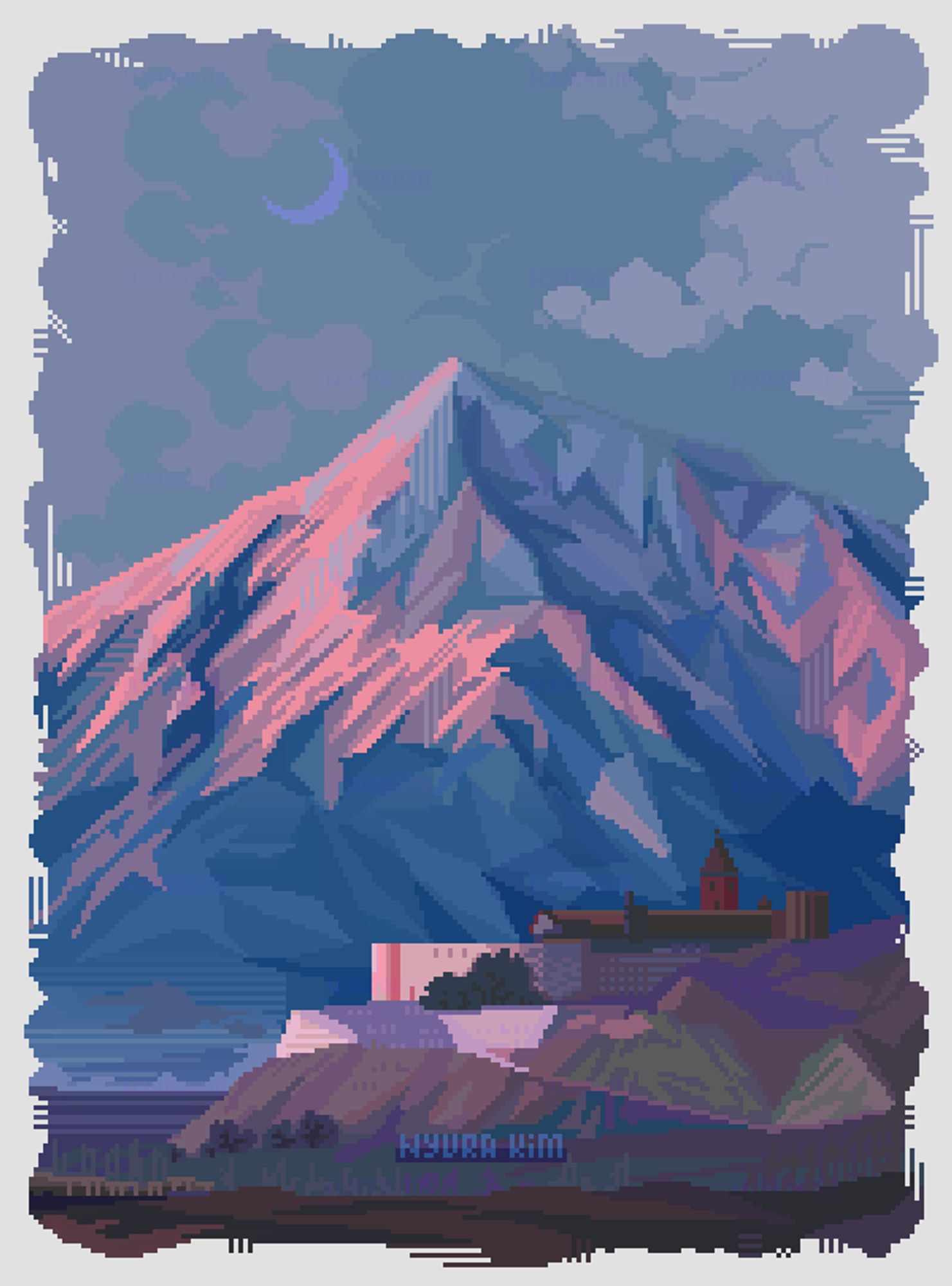 Pixel Art Illustration of bright blue-pink looking mountain that looks bulky and huge; pink colors suggest the sunset happening somewhere outside this canvas. In front of mountain stand a big castle-structure that placed on the higher ground. In front of that structure are brown-golden-green tones suggesting some kind of field happening. All illustration hugged with a fringe-looking frame giving it a retro old-postcards feel. 