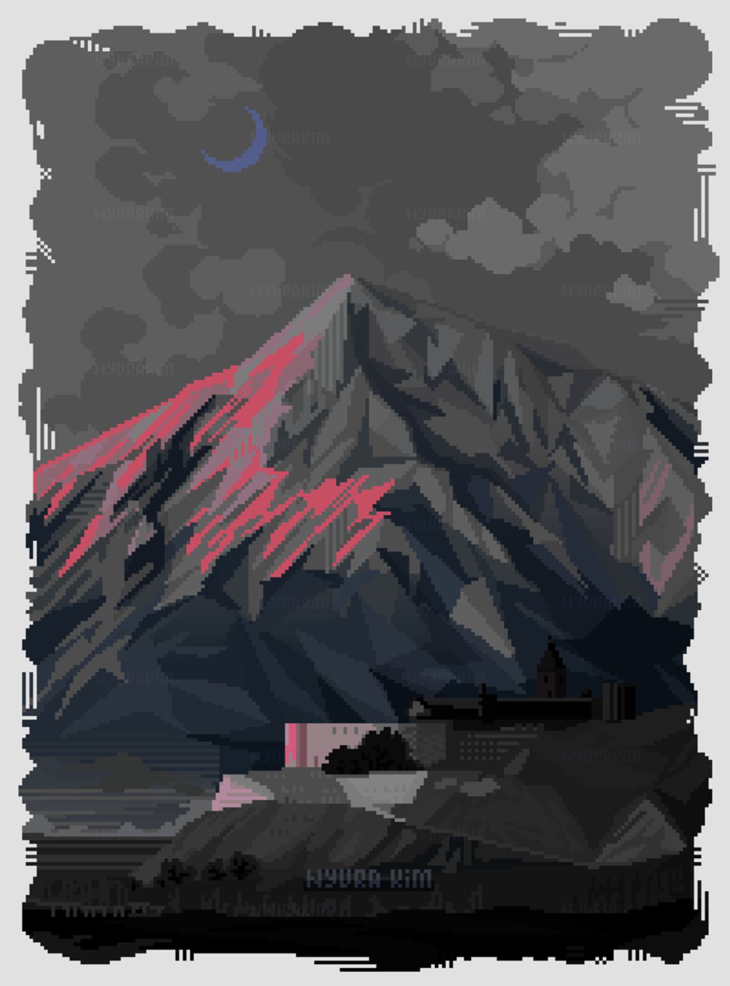 Pixel Art Illustration of grey-scaled looking mountain that looks bulky and huge; pink colors suggest the sunset happening somewhere outside this canvas. In front of mountain stand a big castle-structure that placed on the higher ground. In front of that structure is a field. Moon is hauntingly purple up high. All illustration hugged with a fringe-looking frame giving it a retro old-postcards feel. 