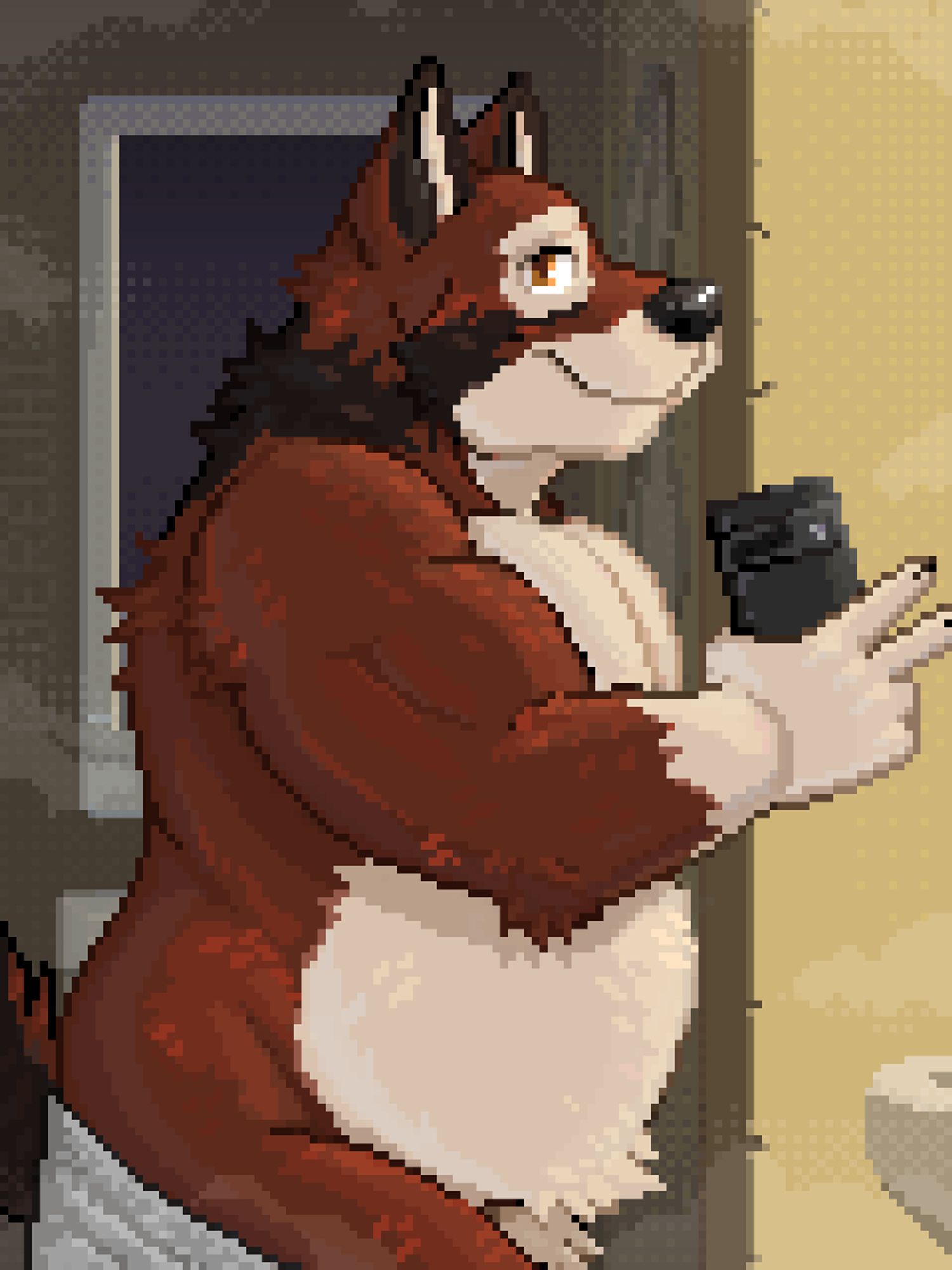 A pixelated portrait of Leo the red anthro wolf from Echo the Visual Novel standing in his bathroom taking a selfie and throwing up a peace sign, with his towel sliding off his body just enough to reveal some lower belly fuzz. #WerewhiskyArt