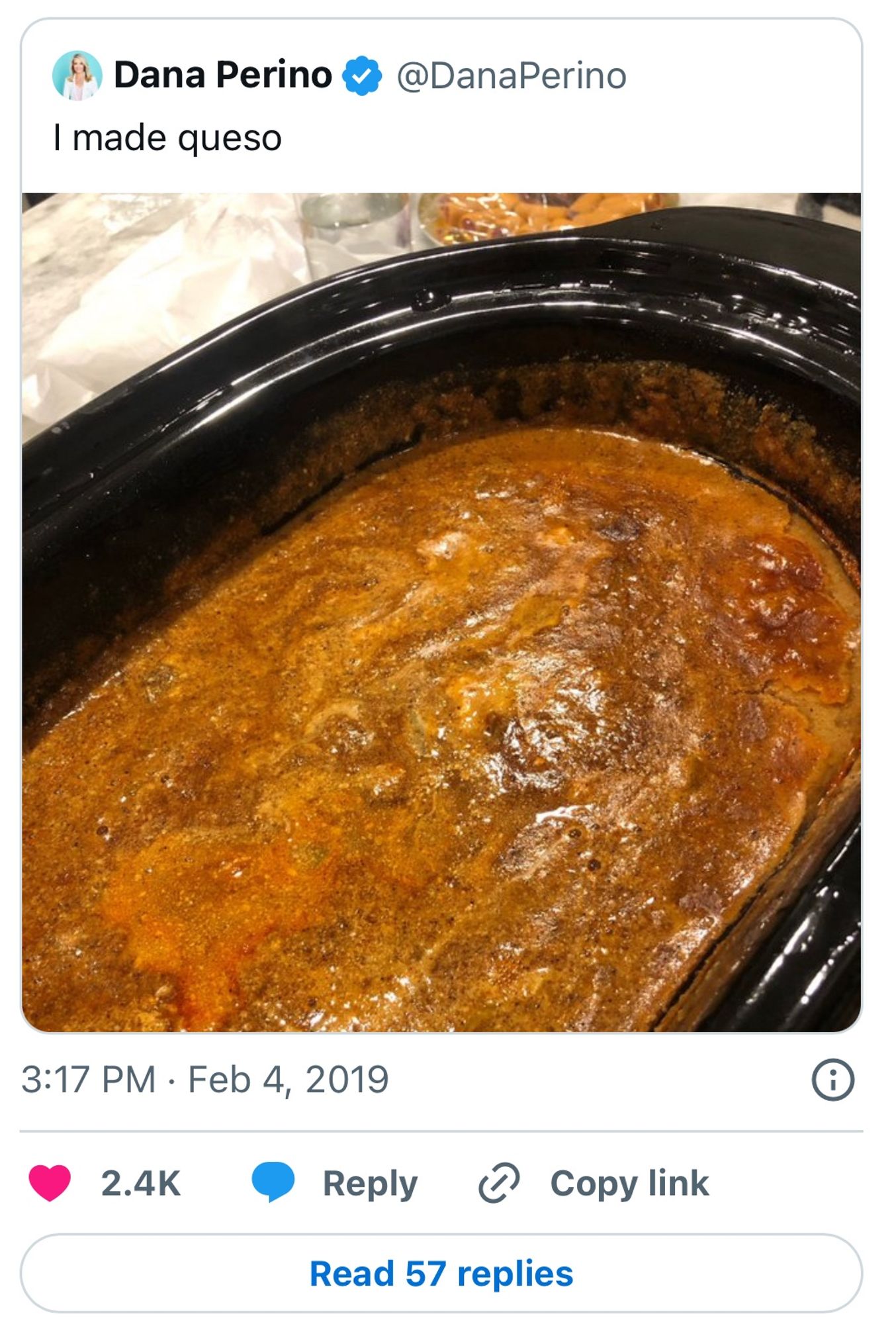 a tweeted photo of what was allegedly “queso” dip in a crock pot but looks like cafeteria gravy