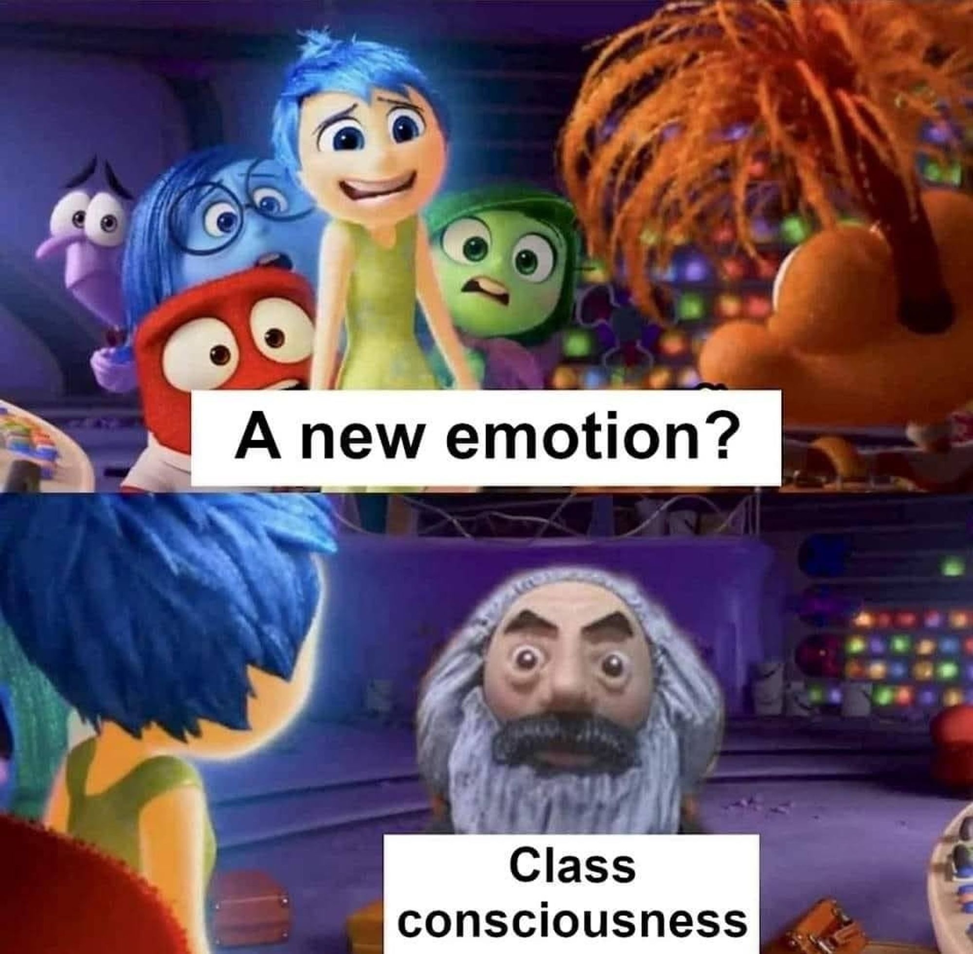 A two-panel joke about Pixar's Inside Out 2. The first panel shows a person's emotions saying "A new emotion?" The second shows that the new emotion is a caricature of Karl Marx labeled "class consciousness".