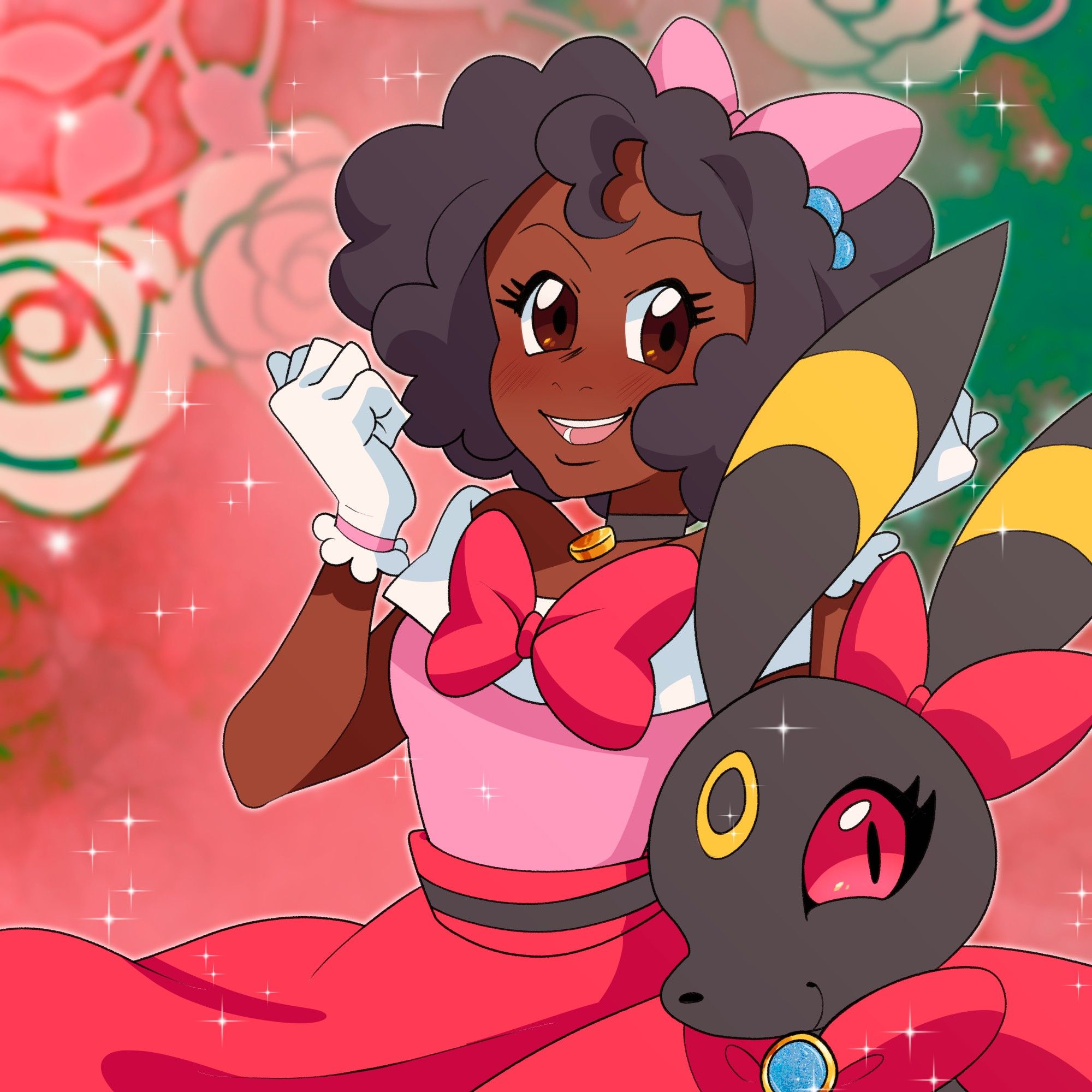 Serena from the Pokemon Anime with her performer outfit on. She has short, afro-textured hair. Her skin is dark. Beside her is an Umbreon in the outfit her Sylveon usually wears. The background is a red and green flower pattern.