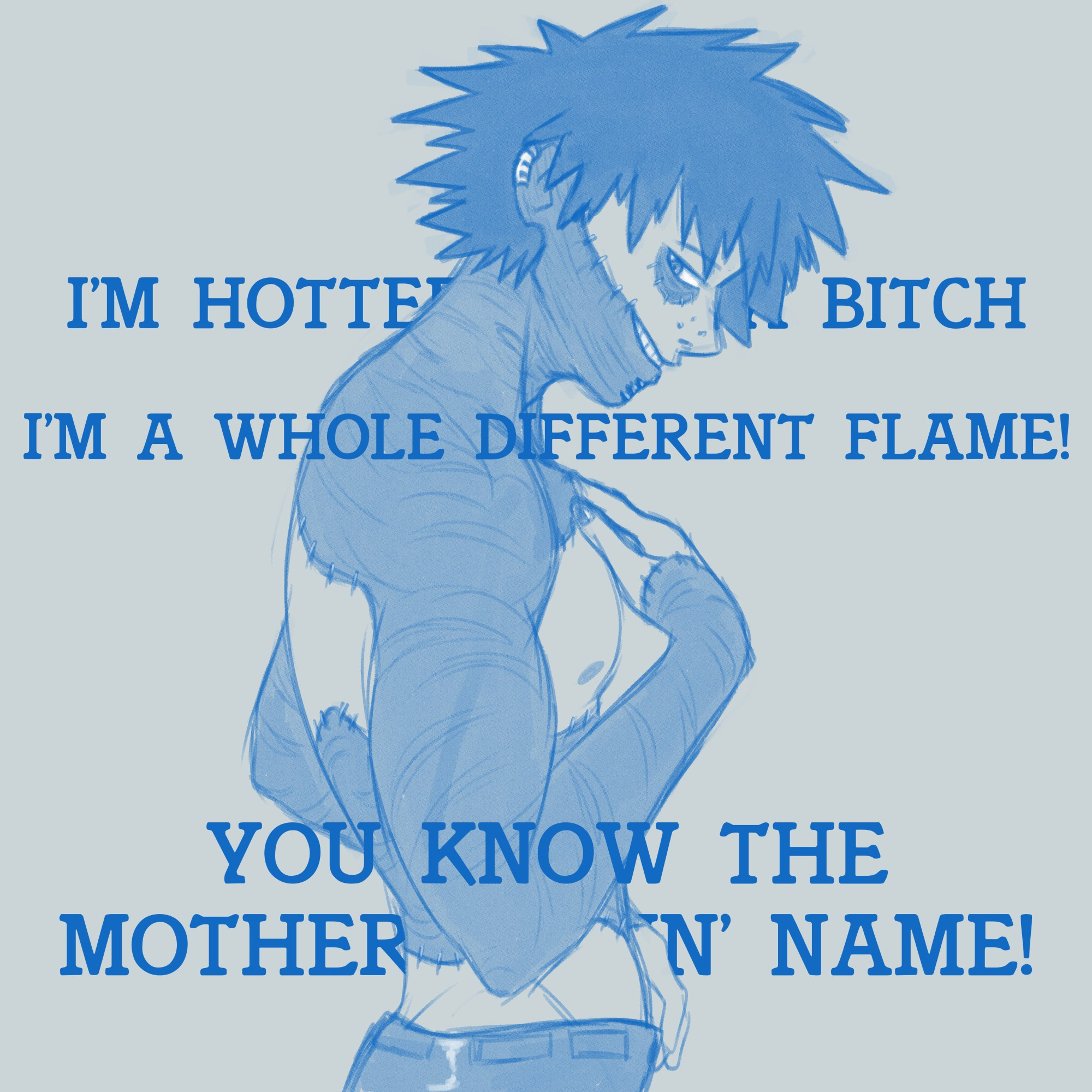 A monochromatic sketch of Dabi from My Hero Academia. He is shirtless and in side profile. He is smiling at the viewer. The lyrics of Monaleo's "Body Bag" are both in front of and behind him.