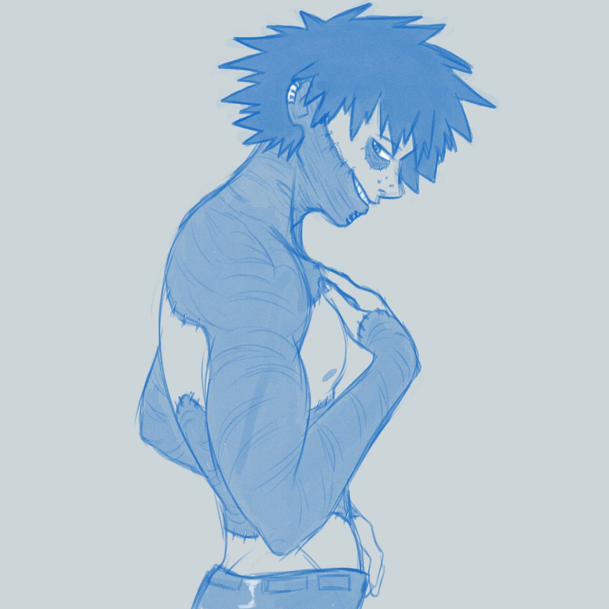 A monochromatic sketch of Dabi from My Hero Academia. He is shirtless and in side profile. He is smiling at the viewer.