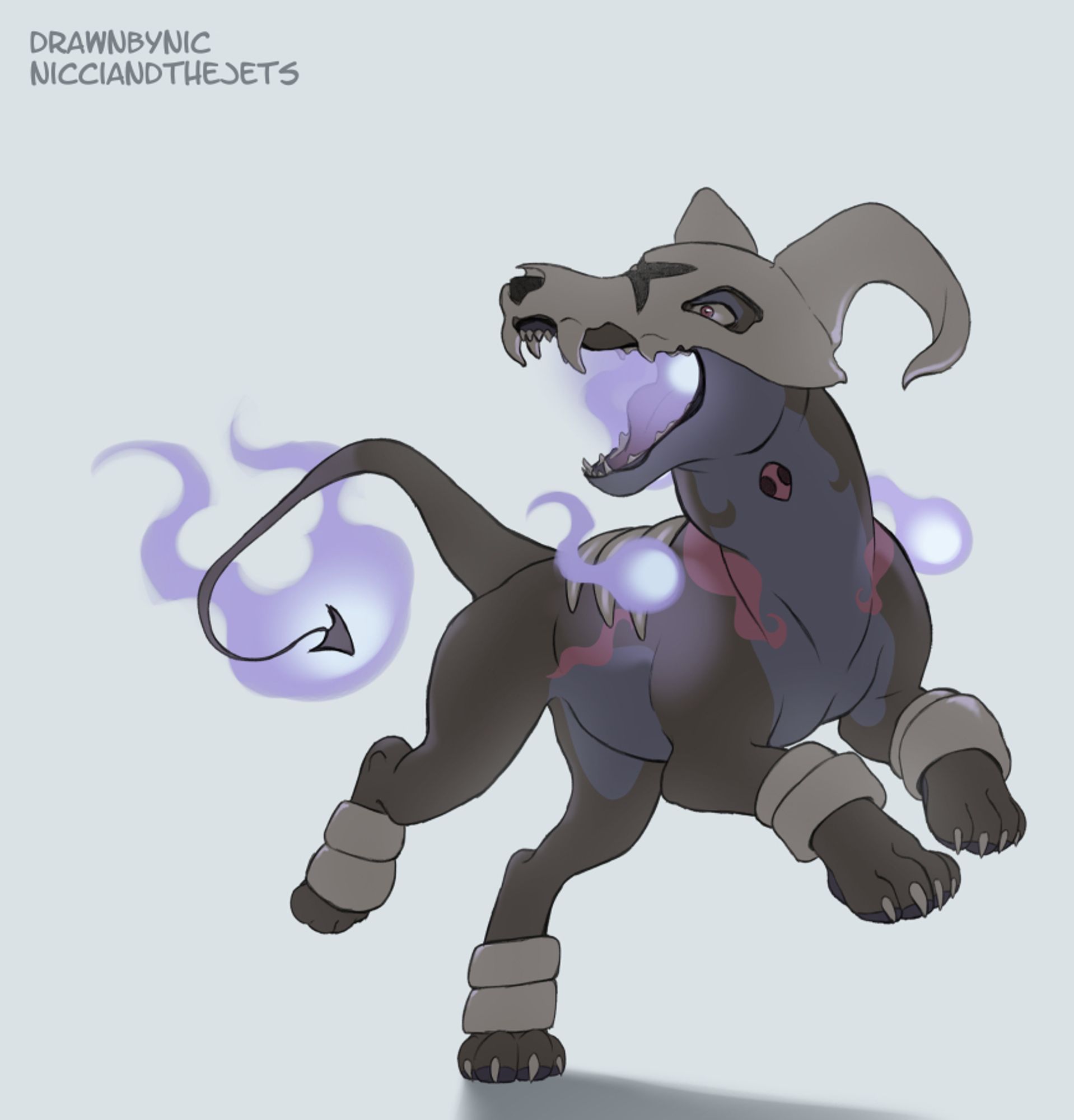 An illustration of the Pokemon Houndoom. The Houndoom has unusual design aspects such as a blue belly and pink markings, along with a skull upon its head. It is lunging towards the viewer. There are blue flames along its body; they look like onibi.