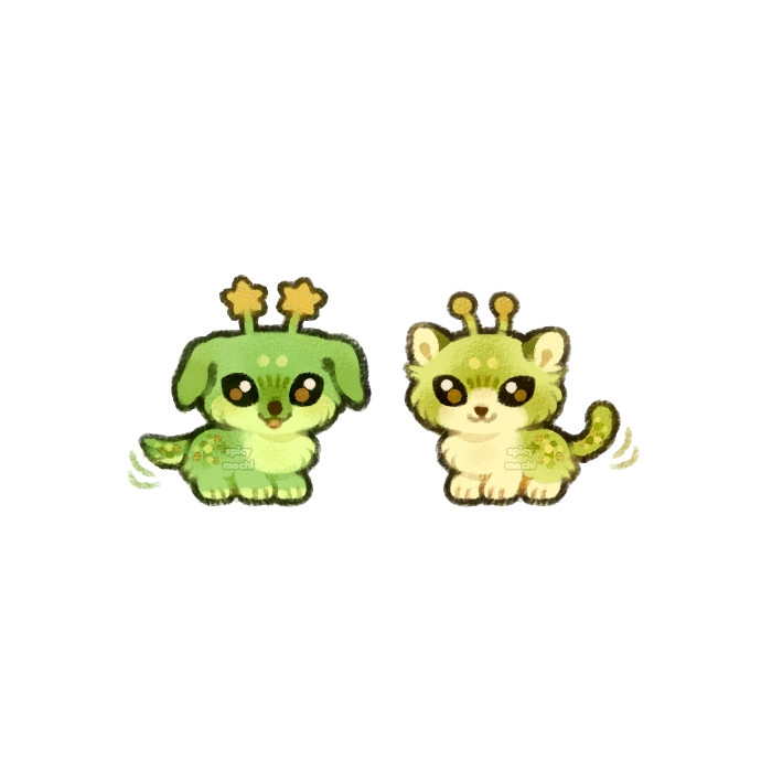 Illustration of an alien puppy and kitty wagging their tails