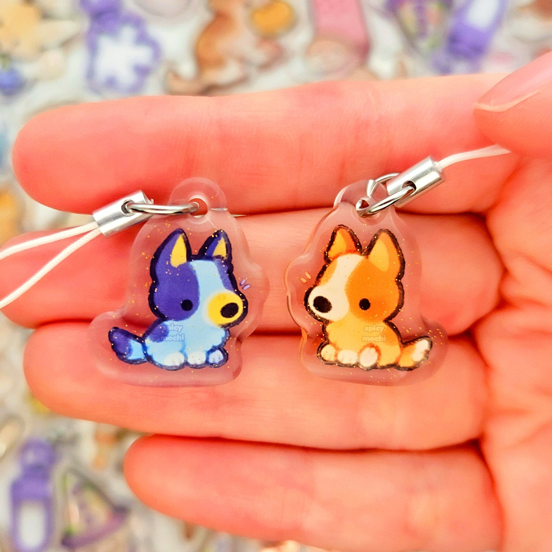 Mini phone charms of bluey and bingo