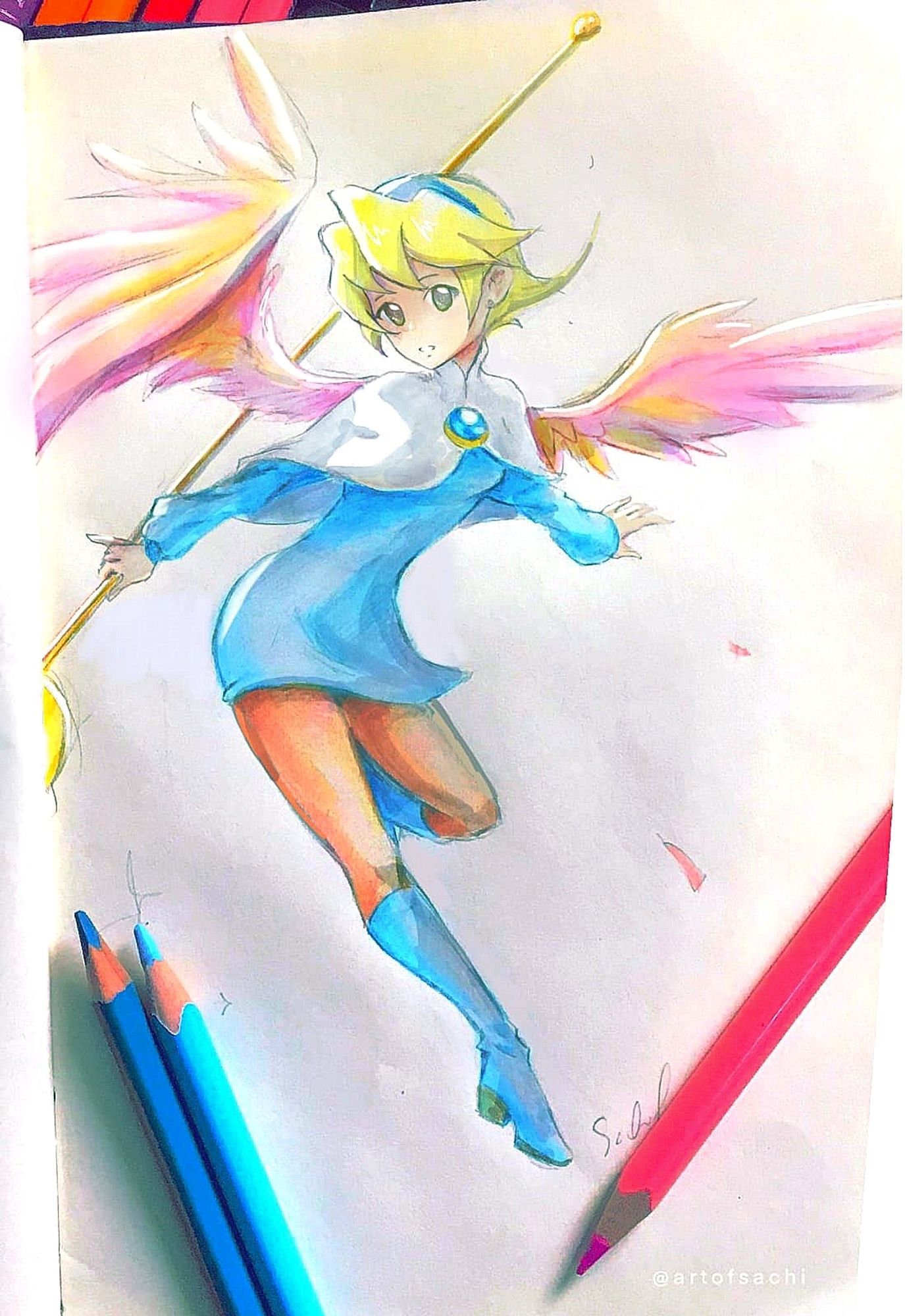 Nina from "Breath of Fire 4" flying. Made with colored pencil and digital watercolor.