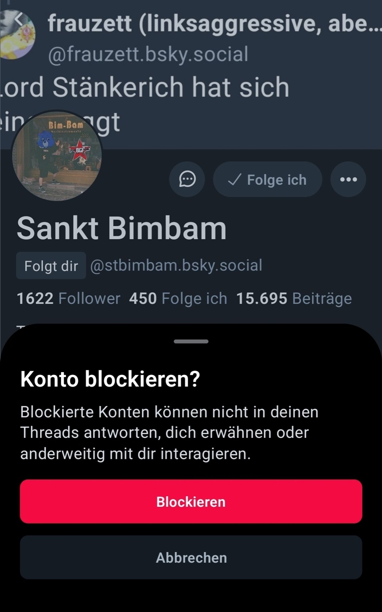 profil von sankt bimbam und ein pop up mit "konto blockieren?"