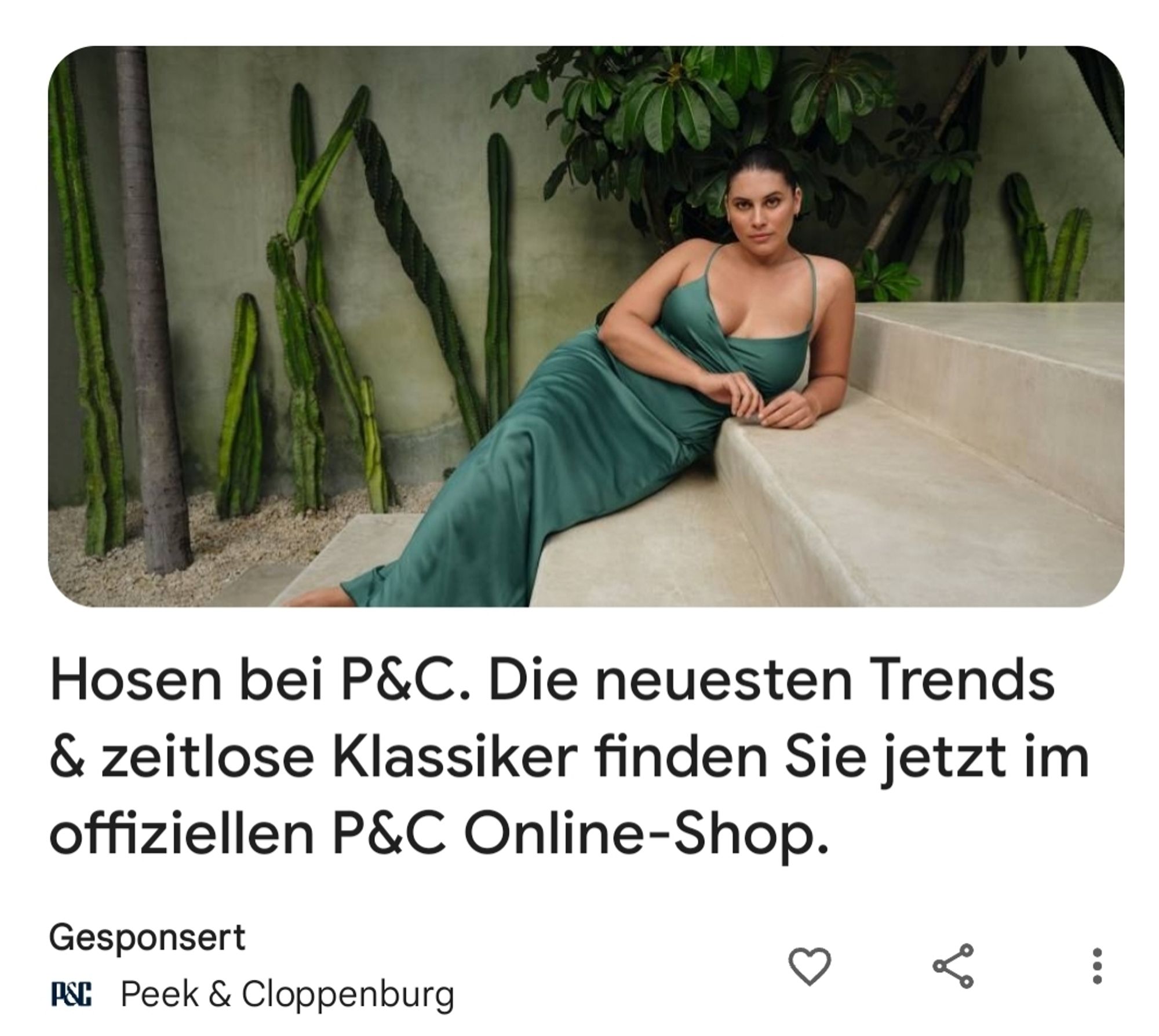 Frau im grünen Kleid. Text: Hosen bei P&C