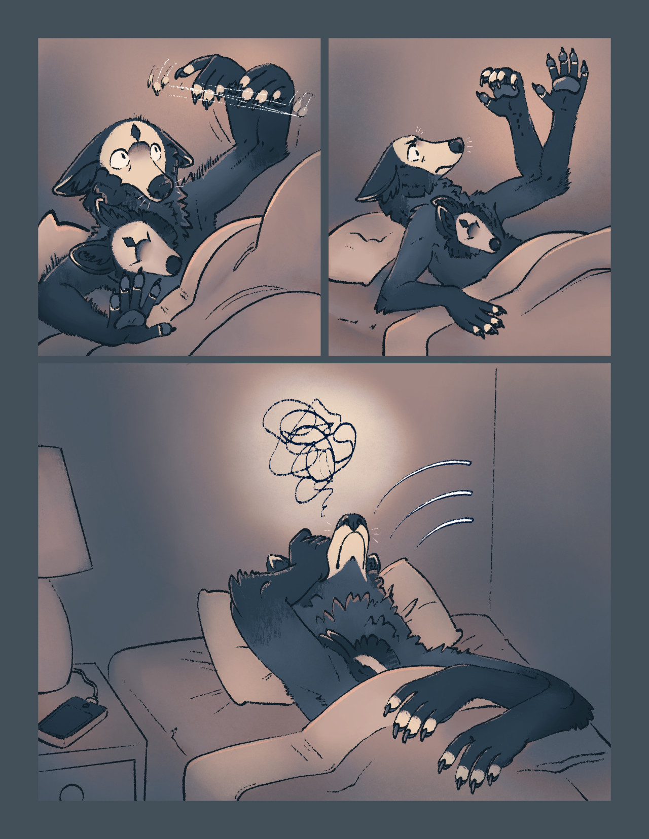 Continuation of the comic showing Ipswich in panel 1 waking up with a start and shaking his left hands. Panel 2 he looks at his left hands with annoyance and sees nail marks on his wrist. Panel 3 he flops back into bed covering his eyes with his right hand in frustration