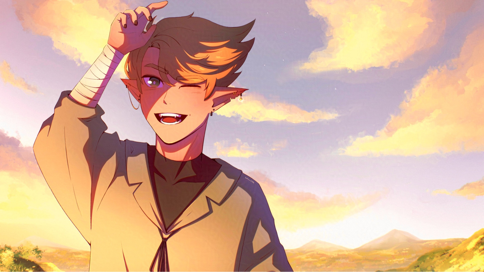 part of a digital illustration showing my oc koya standing in a field facing the rising sun and blocking the light from his eyes with one hand. he grins widely with one eye shut. he has blond hair and green eyes and wears a loose fitting green shirt over a black high neck shirt. in the background you can see green fields and mountains. the sky is filled with clouds illuminated by the sun.