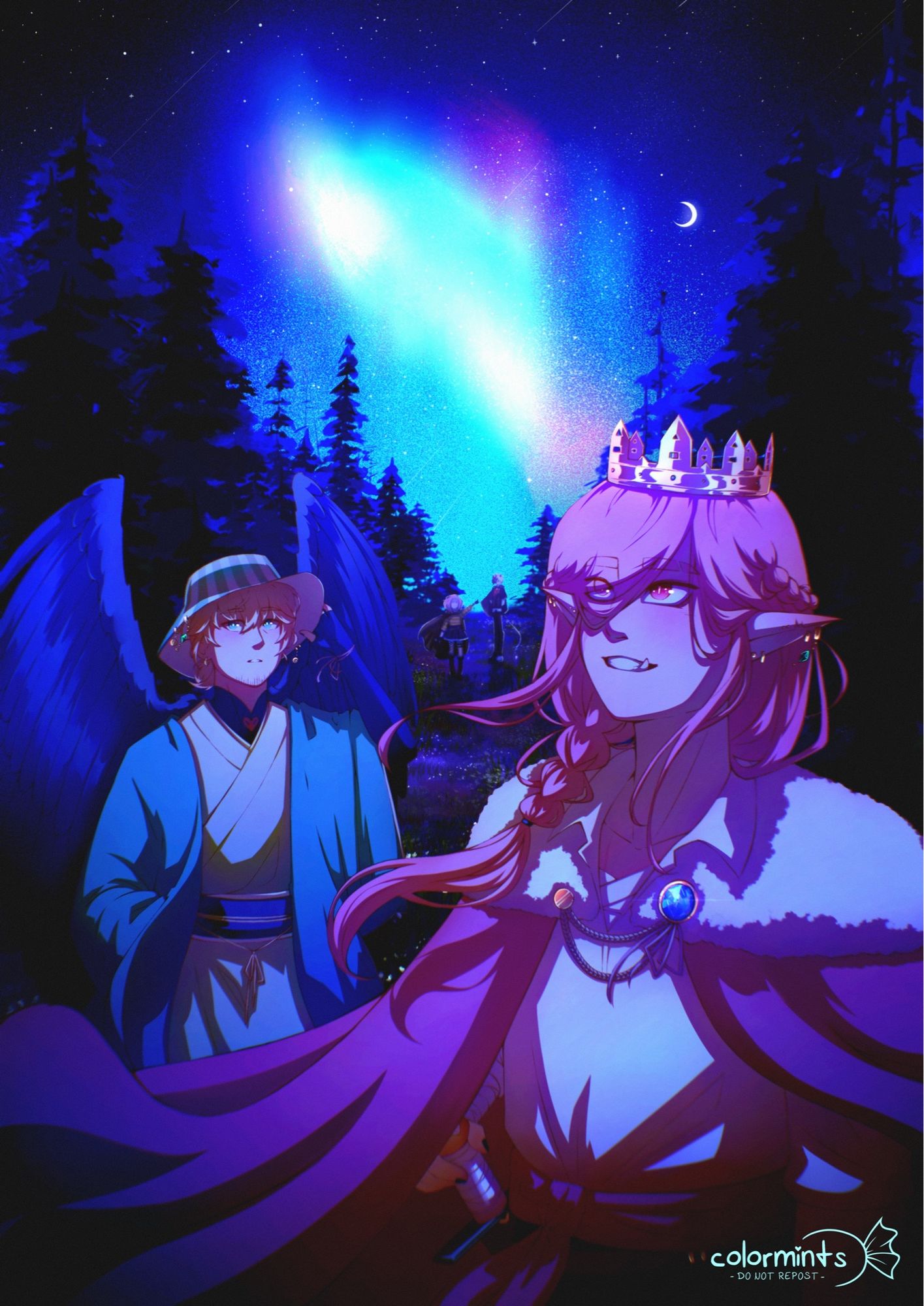 digital illustration showing a scene at night with four characters standing underneath the nightsky with aurora borealis. In the foreground are technoblade and philza slightly looking up at the stars while nihachu and ranboo stand further back. they are surrounded by trees. the entire piece in covered in a deep blue hue.