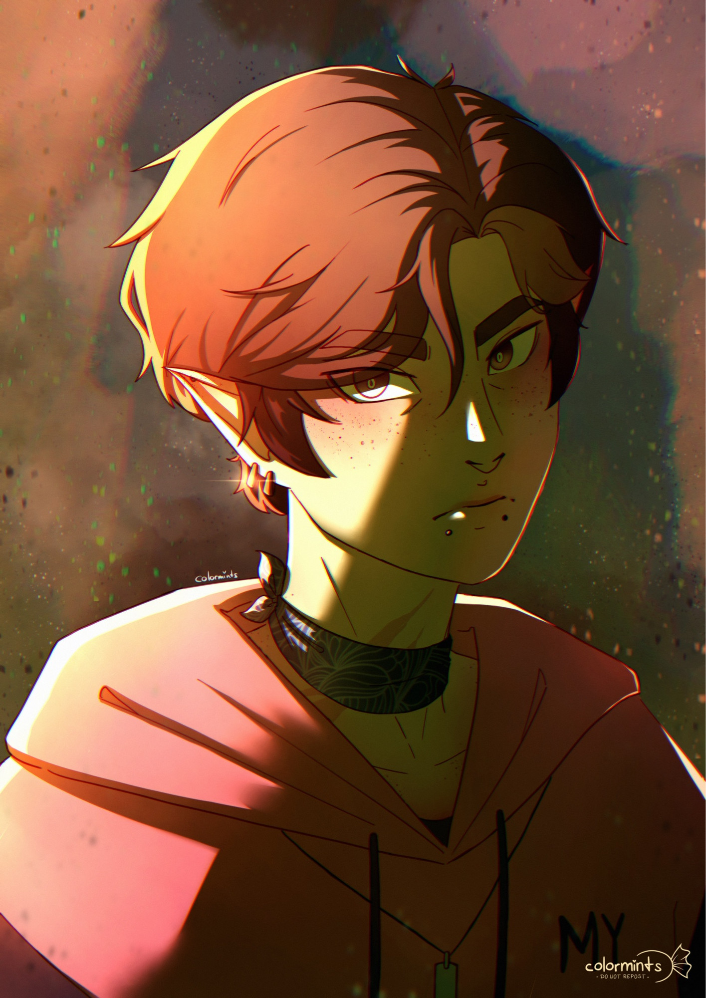 portrait of my oc daiki turning their face to the viewer. their face is mostly in shadow with a bright light illuminating them from the left side. their face is serious.