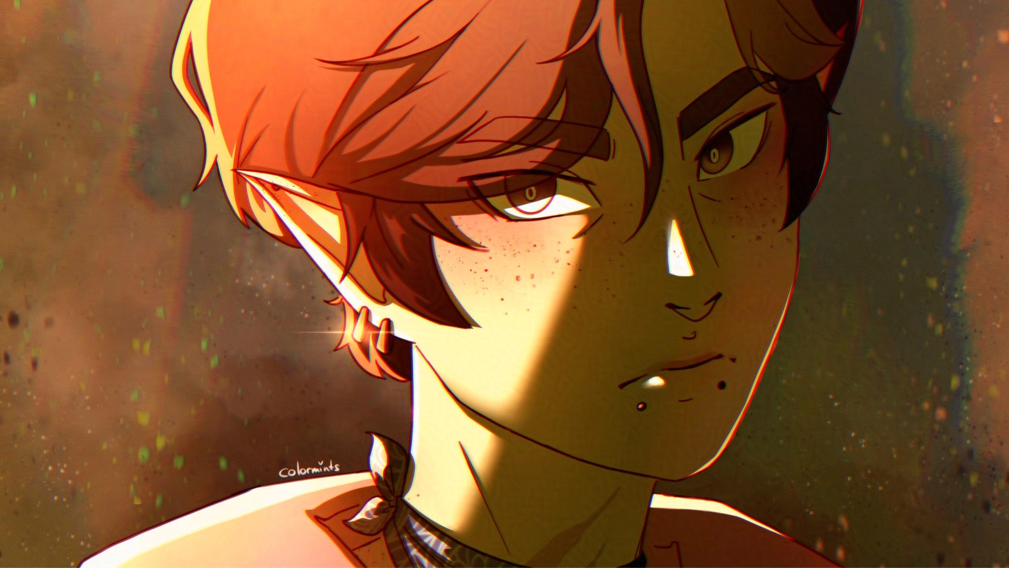 part of a digital headshot drawing of my oc daiki looking straight at the viewer, his face mostly in shadow and a light coming from the left side. he has brown hair, pink-ish eyes and pointy ears. his ears are pierced and he also has snake-bite piercings.