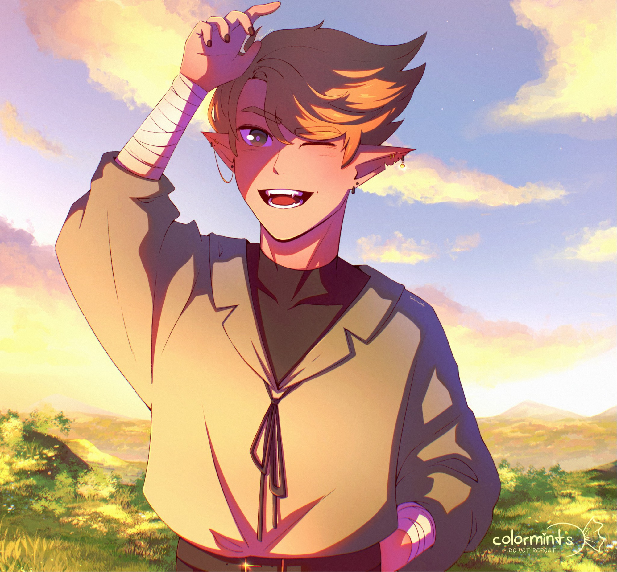 illustration of my oc koya standing in the sun with one hand blocking it from one of his eyes while the other eye is squinted shut. he smiles widely. behind him there is grass and a deep valley with distant mountains.