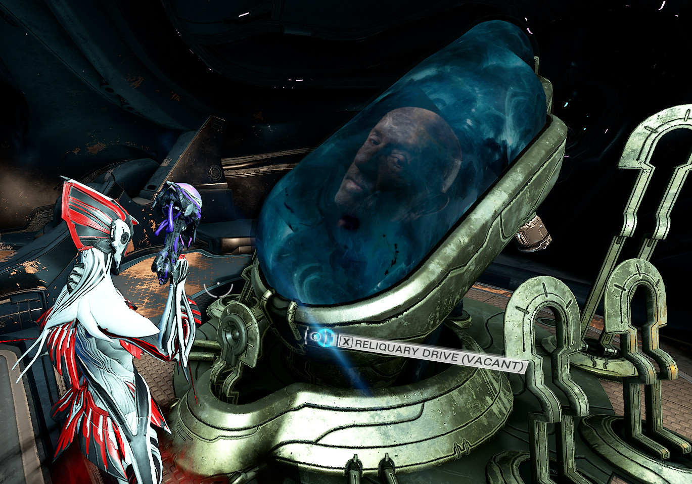 a screenshot of the video game Warframe focused on the reliquary drive of a ship. instead of a giant finger, Mike Ehrmantraut from Breaking Bad is inside