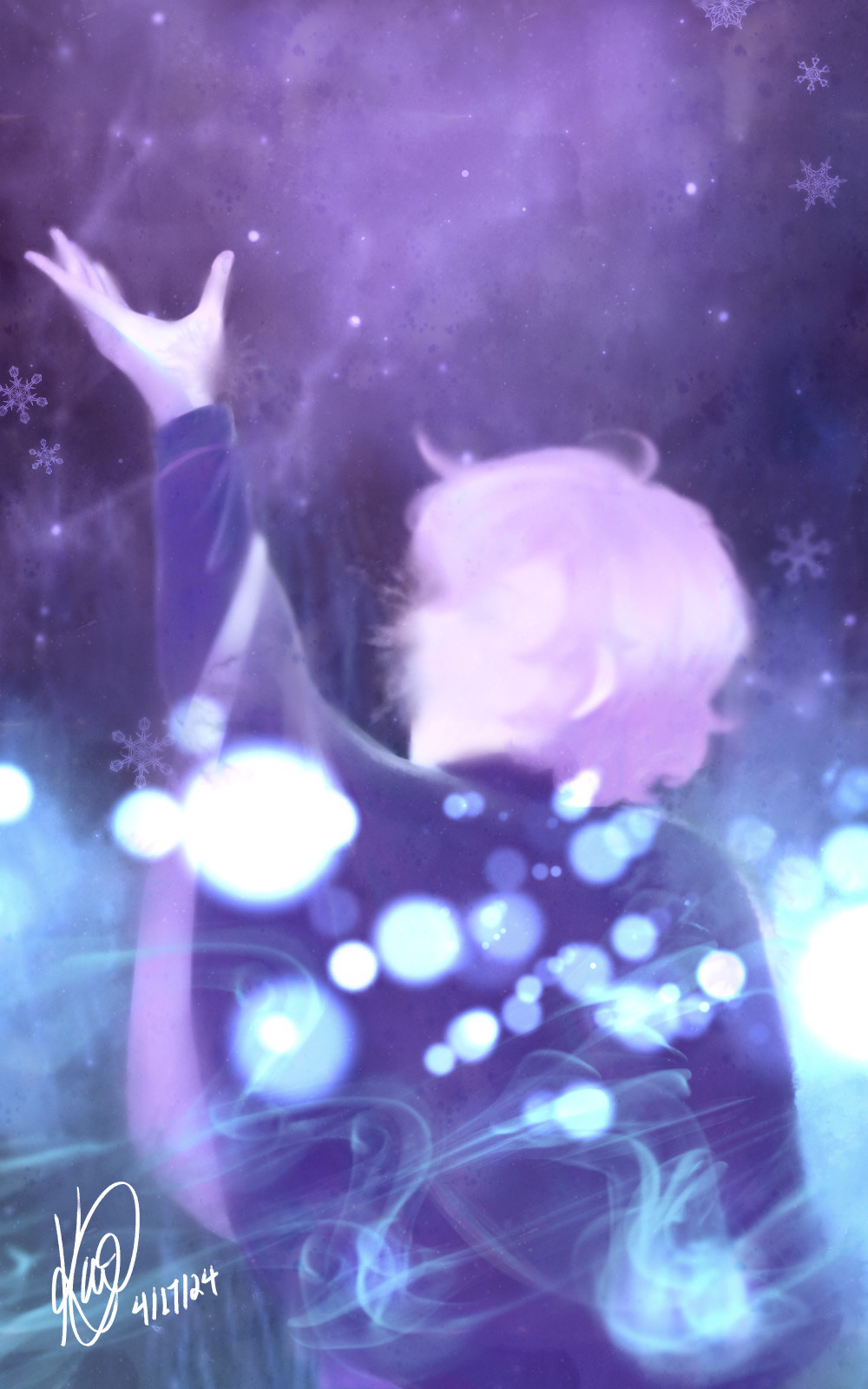 An illustration featuring Yumeno Gentaro (Hypnosis Mic) based on his intro number from New Encounter. It is a waist up shot up of him, back facing the audience and left hand raised -- his blurred faced turned to look at the audience. Surrounded by purple stars and snowflakes above and blue orbs and wisps below, there are blots across the illustration that blur his figure as if he were intangible.