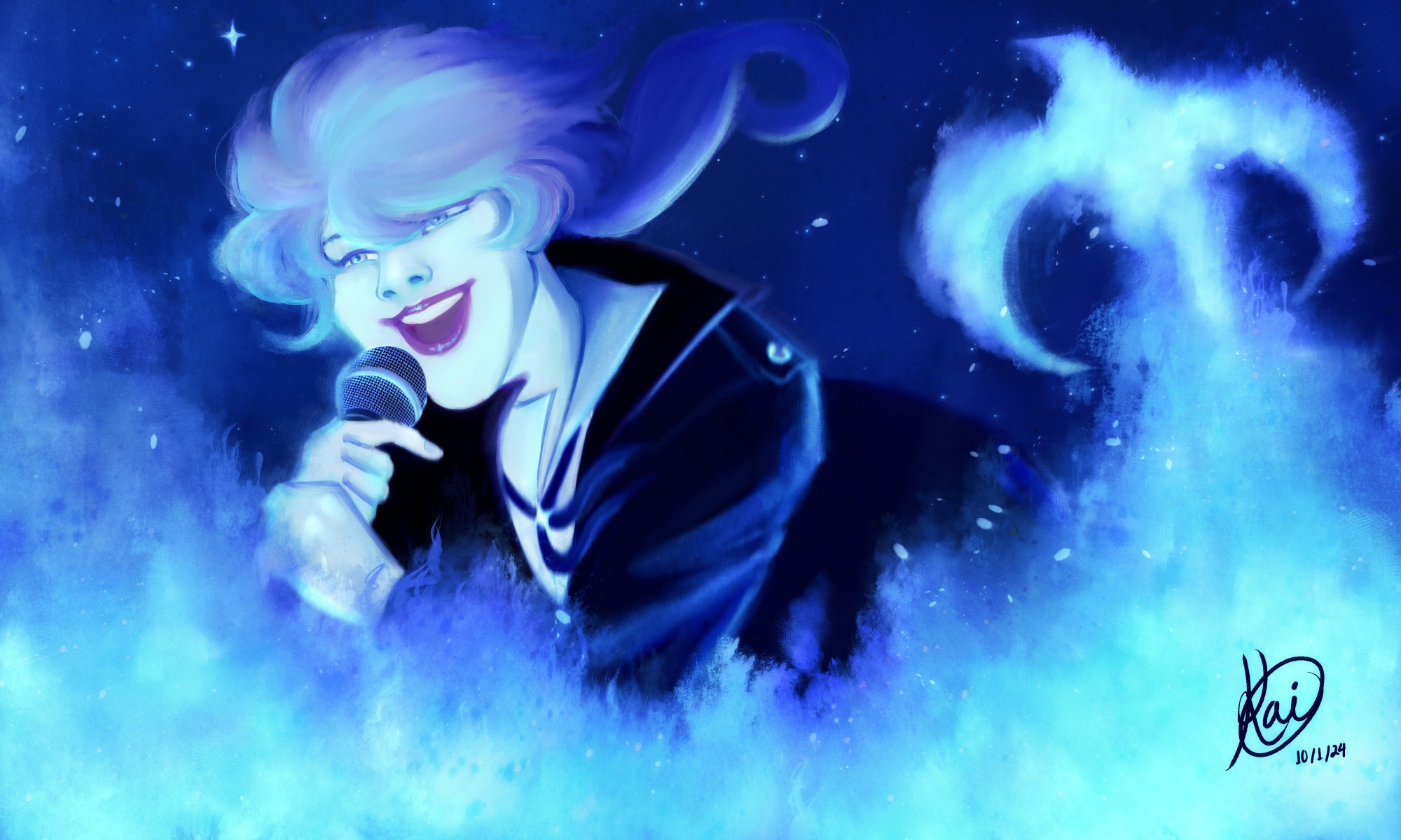 An illustration of Noël (Sound Horizon). He stands as if rushing forward, singing into a microphone in his hands. Surrounding him are blue flames that grow into a nighthawk as it swoops to the right. The background is the starry night sky.