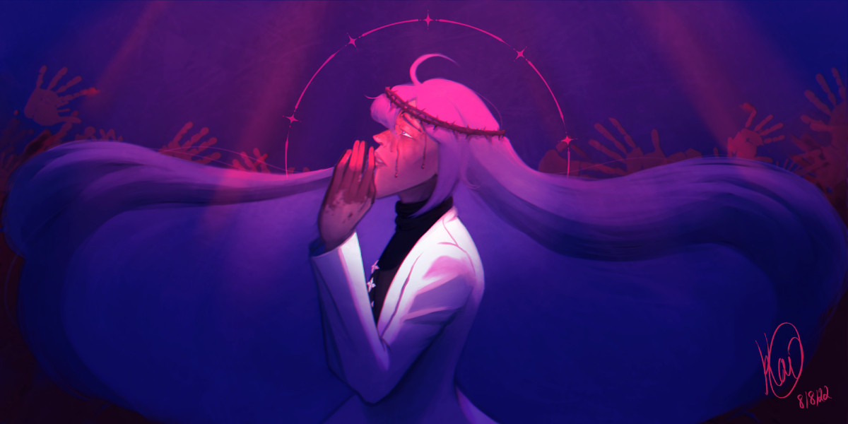 An illustration of Jinguji Jakurai from Hypnosis Mic. He looks up to the heavens with a pensive look on his face, his hands clasped in prayer. A crown of thorns sits on his head, blood running down his face where the thorns prick him. His hands, as well, are covered in blood. His hair flies as if lifted by the air, and a red halo frames his head. A red light shines upon him, as if something -- not necessarily God -- is answering his prayers. The background is a roughly textured wall that's indigo. Bloody handprints cover the wall, starting from a bloody mess at the bottom and the handprints more discernable as your eye goes up the illustration, as if also reaching for the light that Jakurai prays to -- or perhaps reaching for Jakurai himself. The color palette is dark, mostly comprised of indigos and reds.