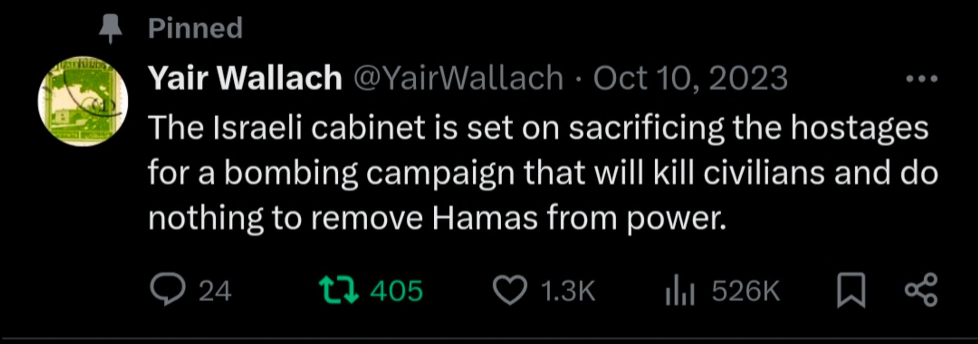 Tweet from 10 oct 2023:
The Israeli cabinet is set on sacrificing the hostages for a bombing campaign that will kill civilians and do nothing to remove Hamas from power.